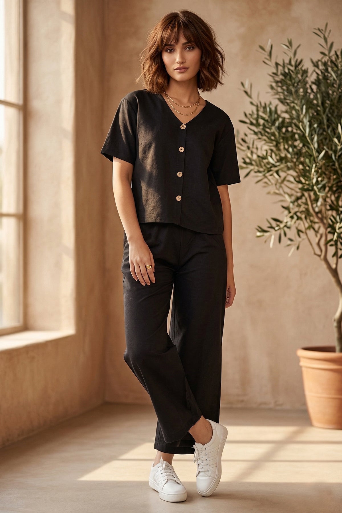 Buy Cotton Linen Black Button Top for women by Sneha B online available at scrollnshops