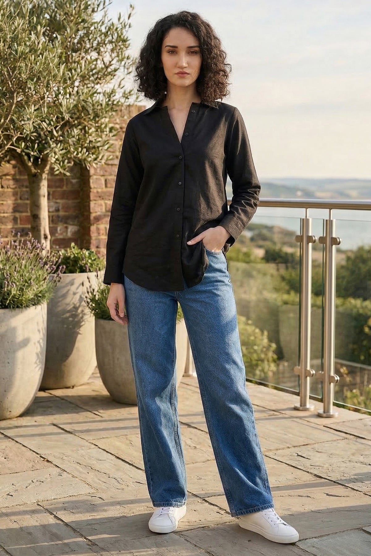 Cotton Linen Black Collar Shirt