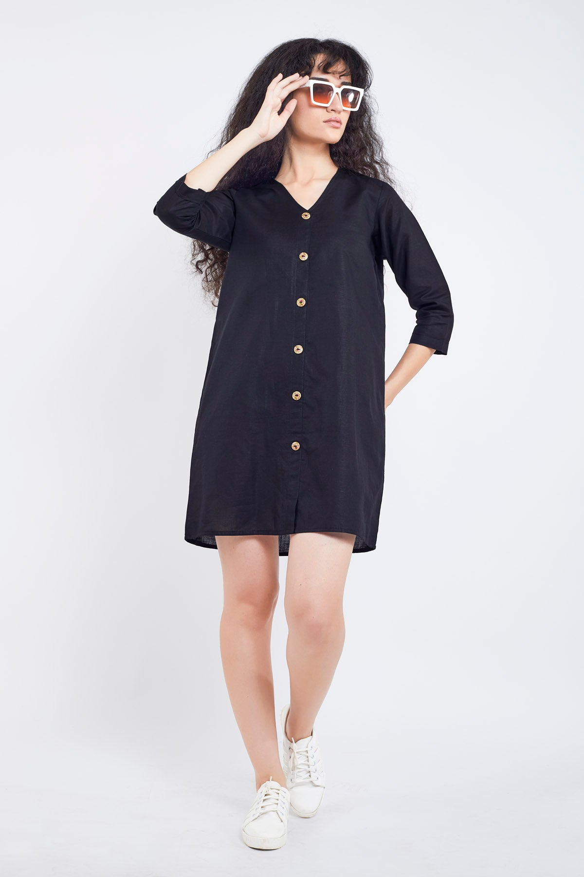 Buy Black Cotton Linen Mini Dress for Women by SNEHA B Designer online available at scrollnshops