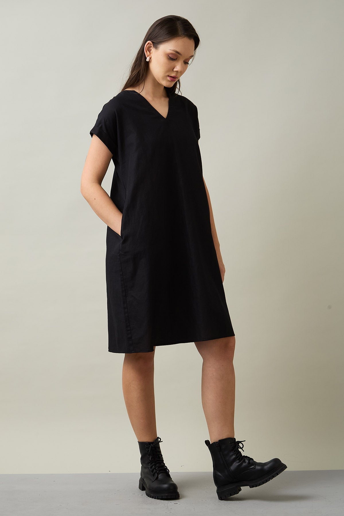 Buy Black Cotton Linen Mini Dress by 7teen12 for women online at ScrollnShops