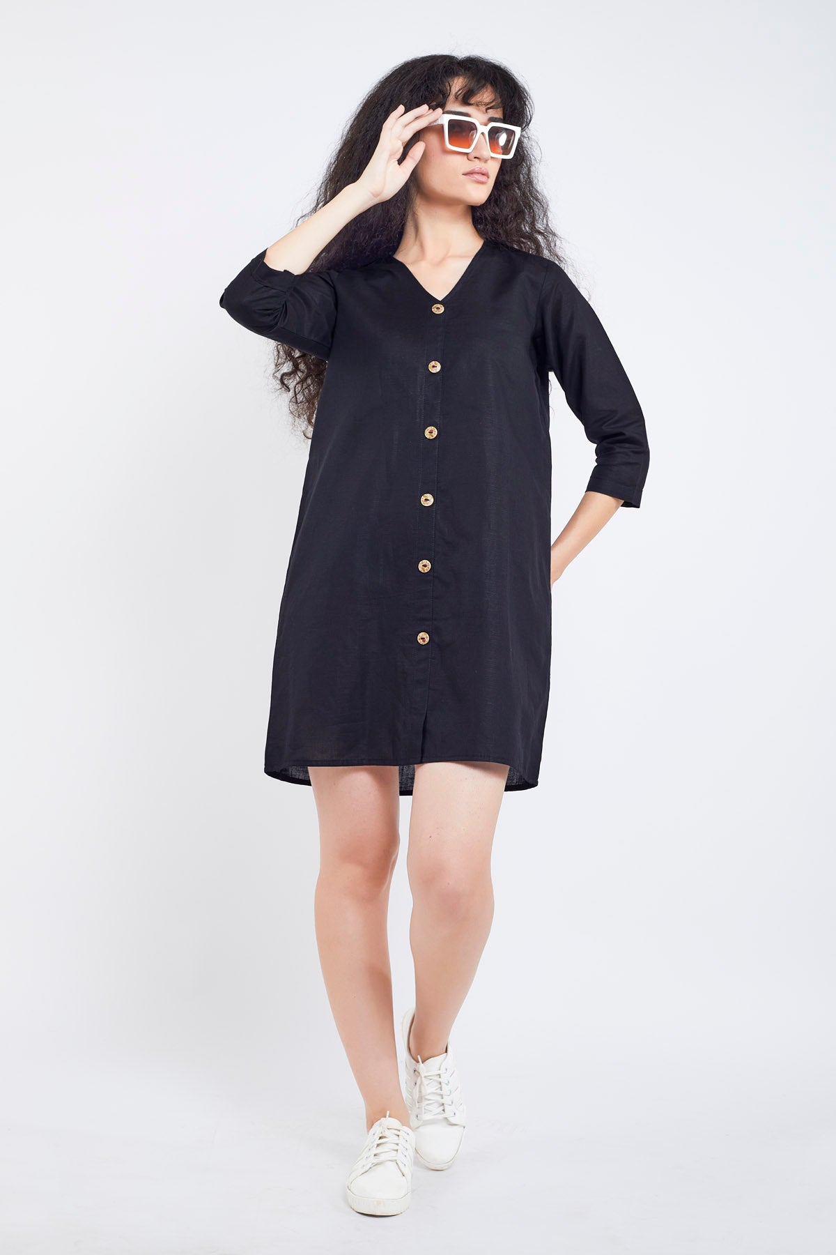 Buy Black Cotton Linen Shirt Dress Online