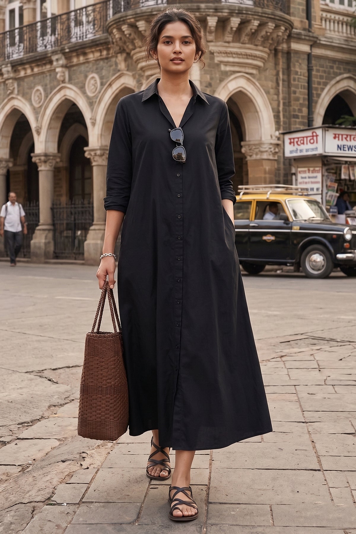 Black Cotton Maxi Shirt Dress