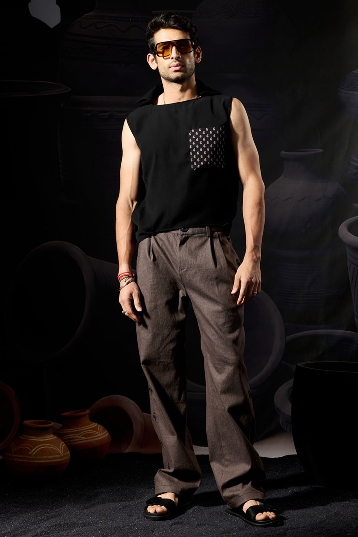 Buy Black Cotton Paisley Patch Vest for men by ADK online available at scrollnshops
