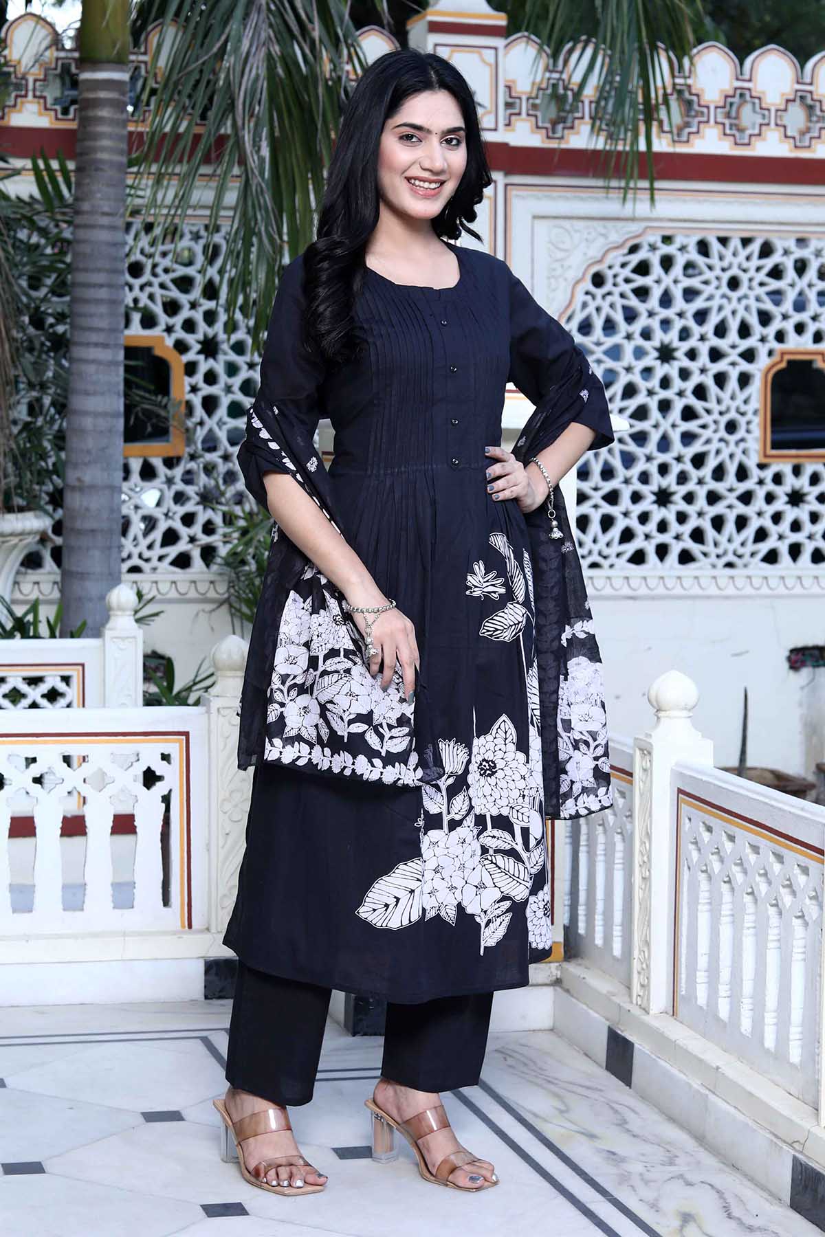 Buy Black Cotton Pintuck Kurta Set by Miravan for women online at ScrollnShops