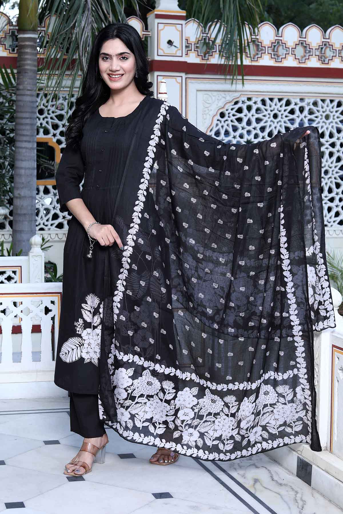 Black Cotton Pintuck Kurta Set