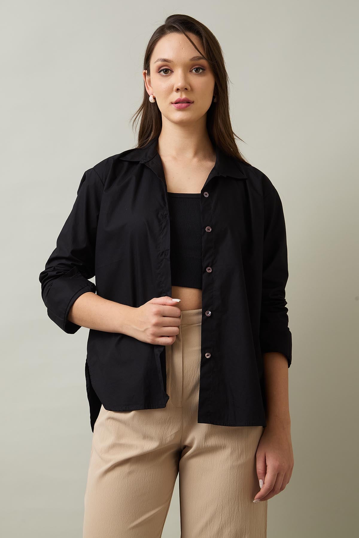 Buy Black Cotton Poplin Button Shirt by 7teen12 for women online at ScrollnShops