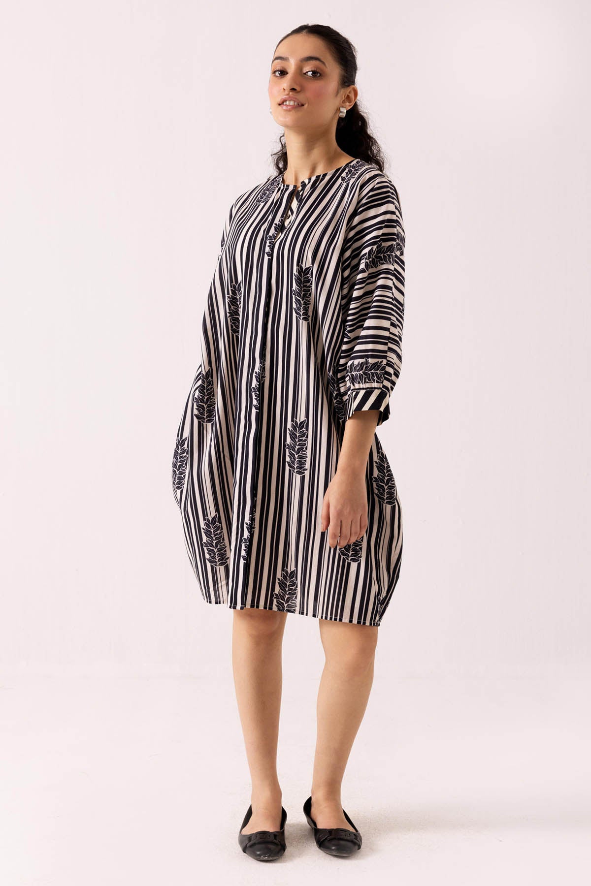 Black Cotton Print Mini Dress