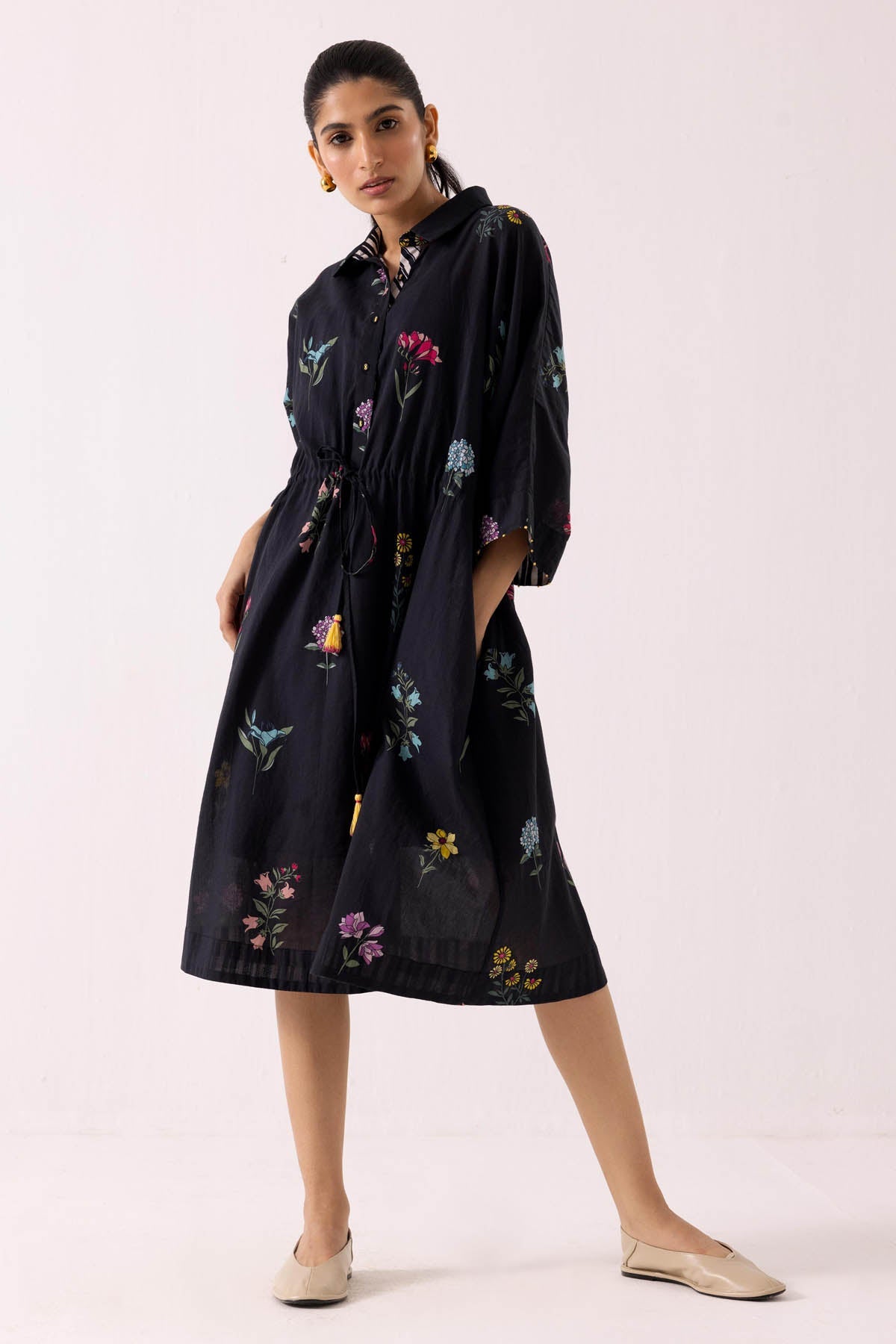 Label Shreya Sharma Black Cotton Print Shirt Dress for women online at ScrollnShops