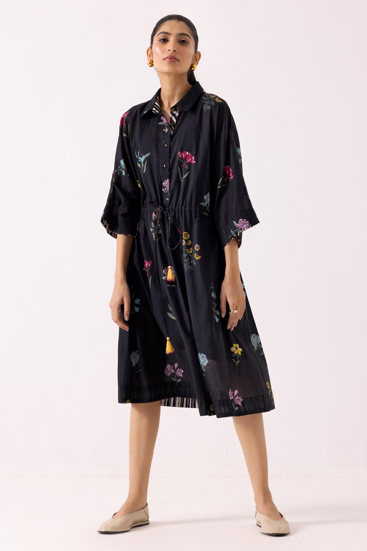 Black Cotton Print Shirt Dress