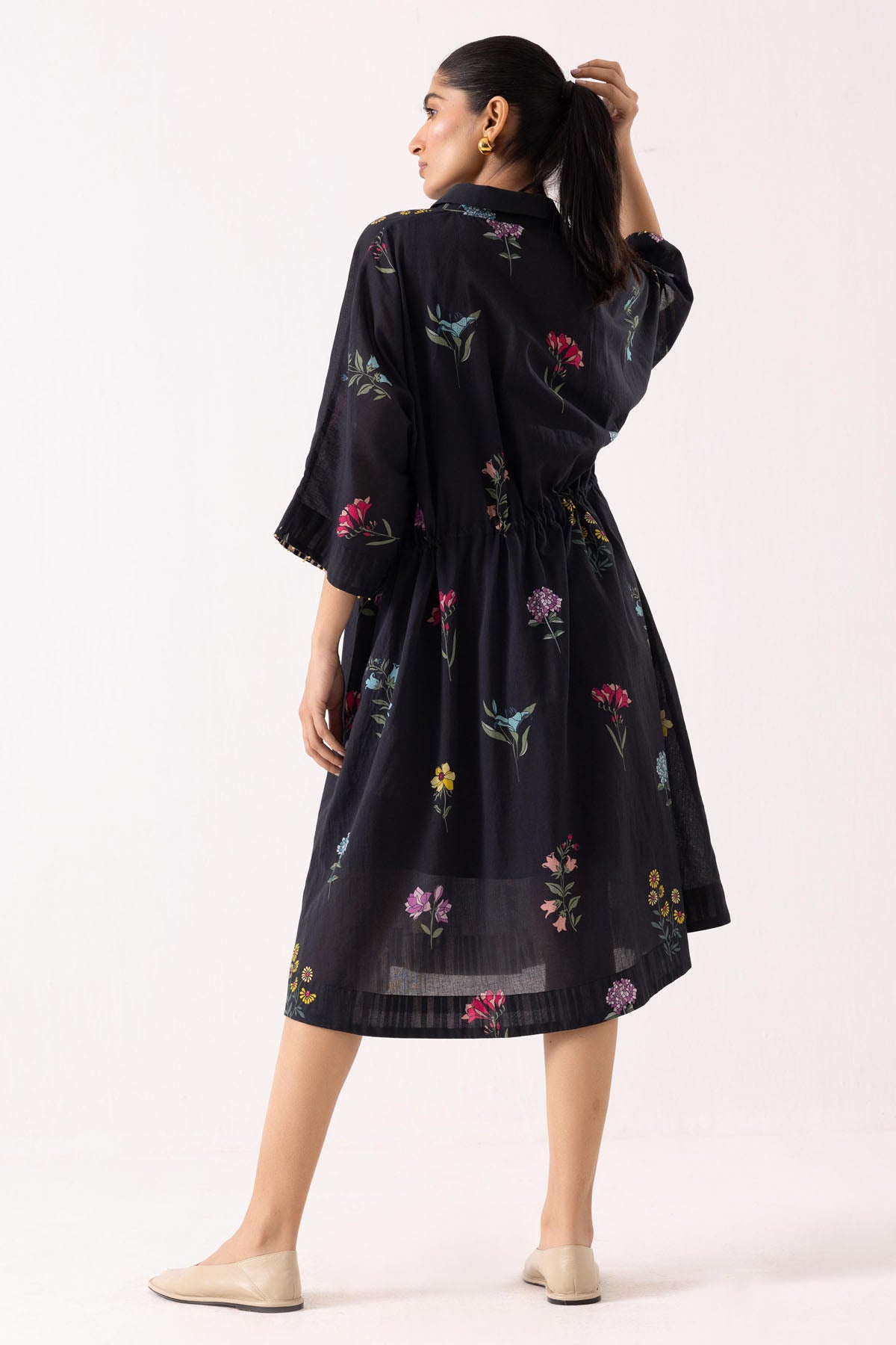 Black Cotton Print Shirt Dress