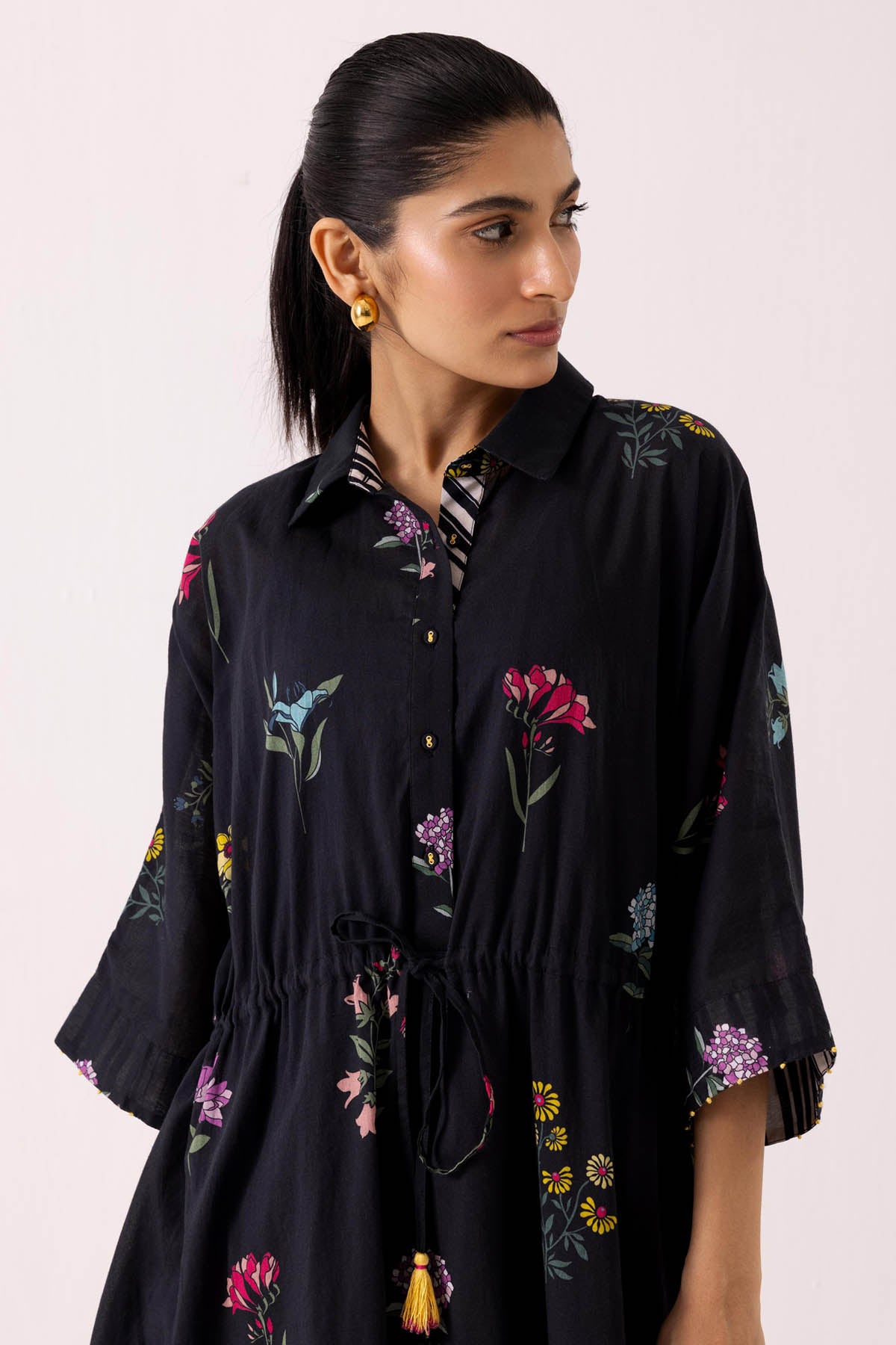 Black Cotton Print Shirt Dress