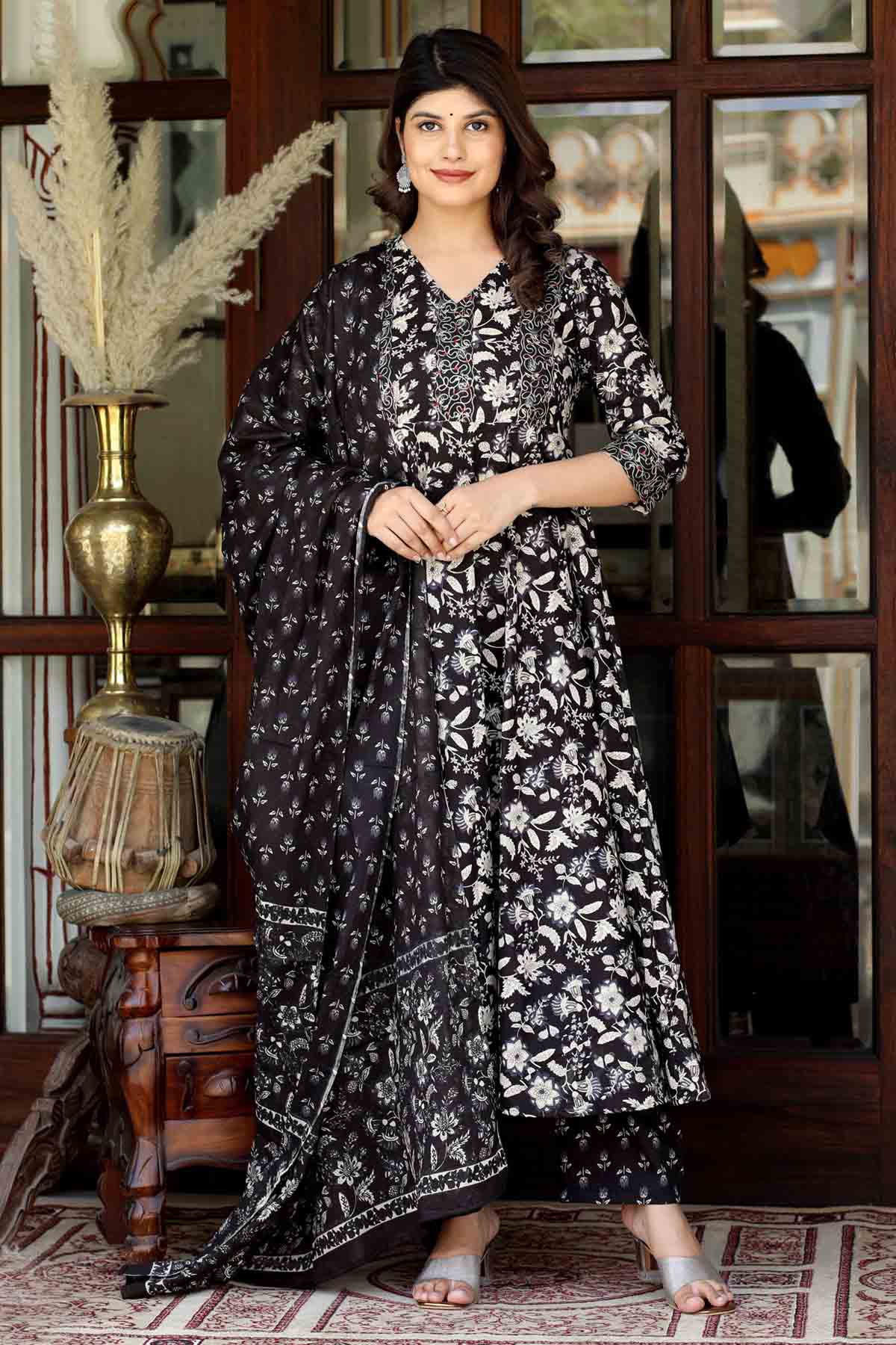Buy Black Cotton Printed Kurta Set by Miravan for women online at ScrollnShops