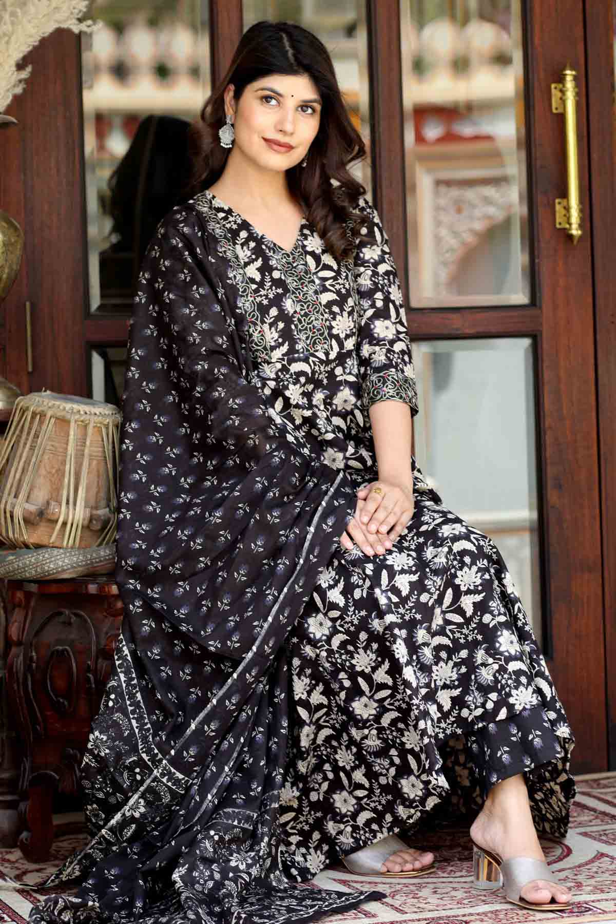 Black Cotton Printed Kurta Set