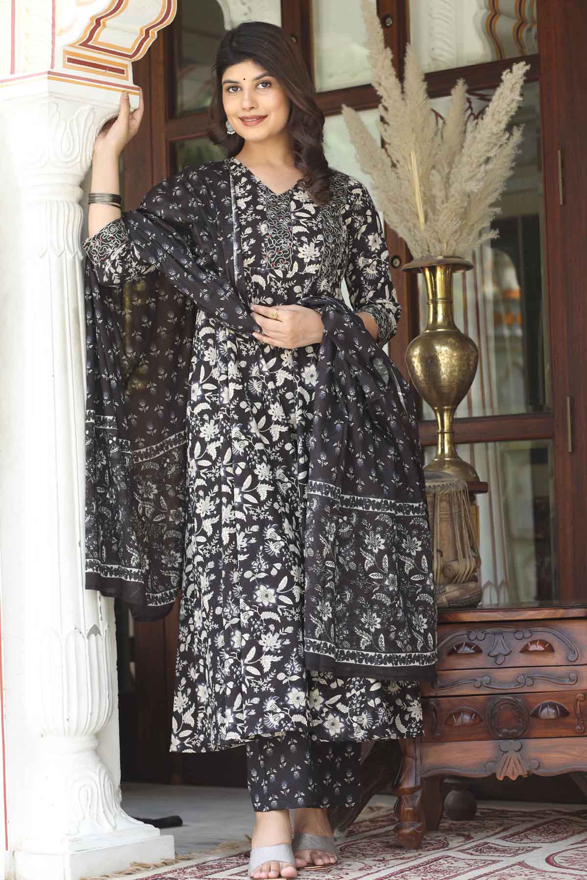 Black Cotton Printed Kurta Set