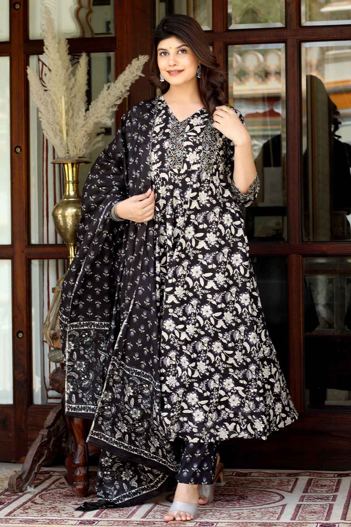 Black Cotton Printed Kurta Set