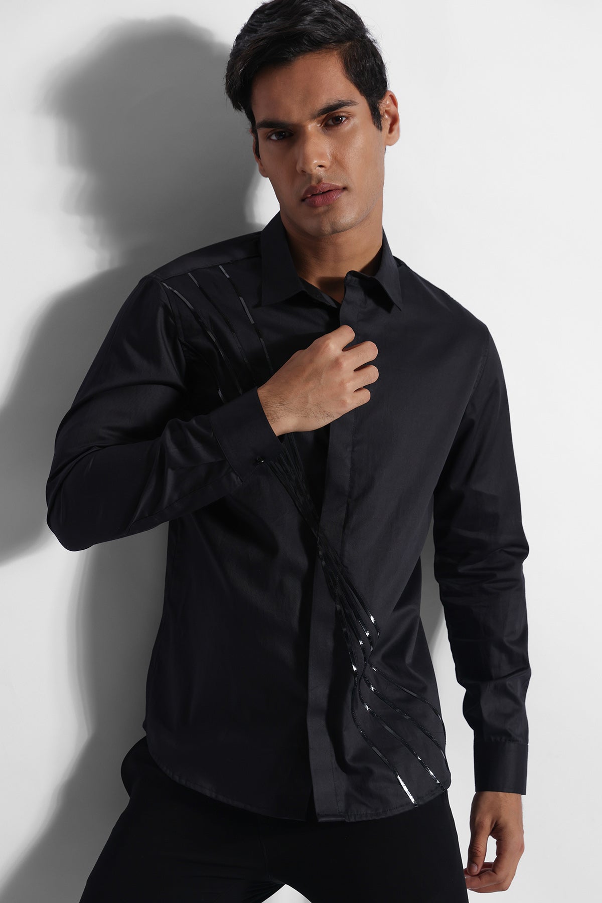 Buy Black Cotton Shiny Strips Shirt for men by Paarsh Atelier online available at scrollnshops