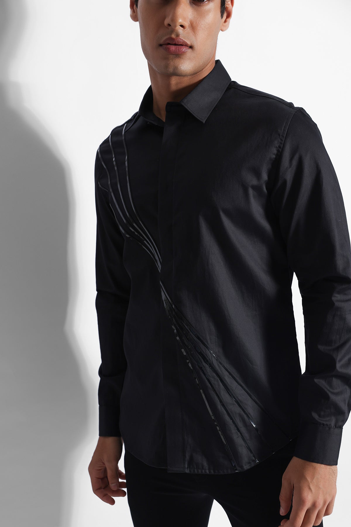 Black Cotton Shiny Strips Shirt