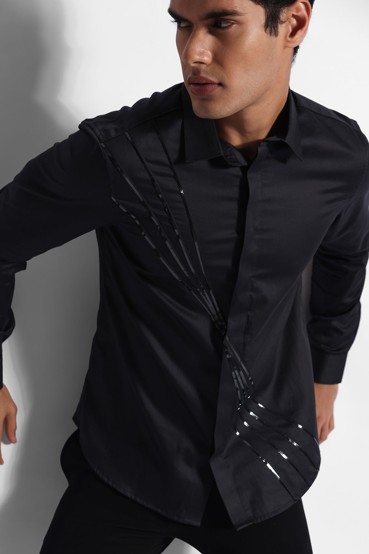 Black Cotton Shiny Strips Shirt