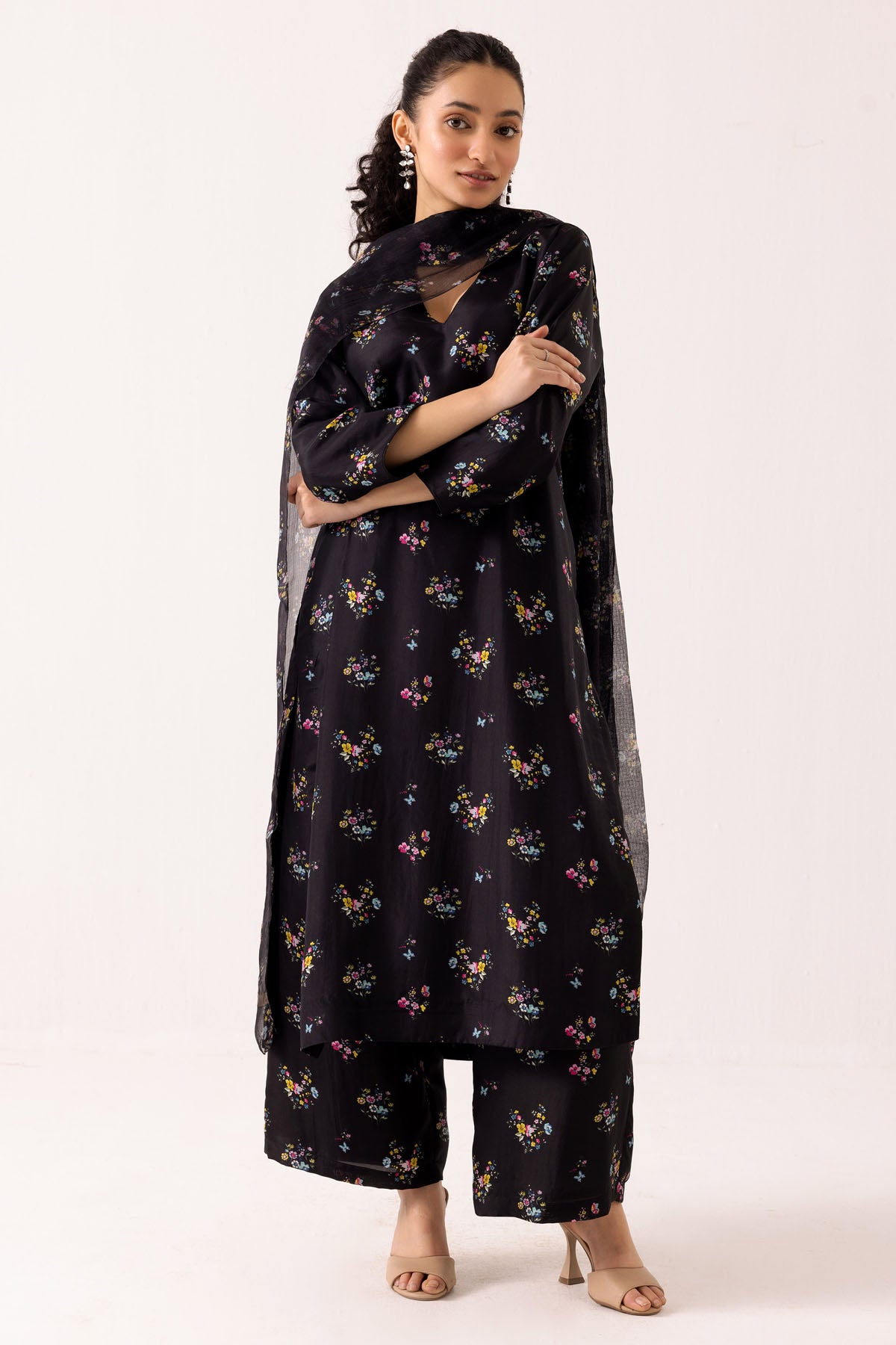 Black Cotton Silk Palazzo Set