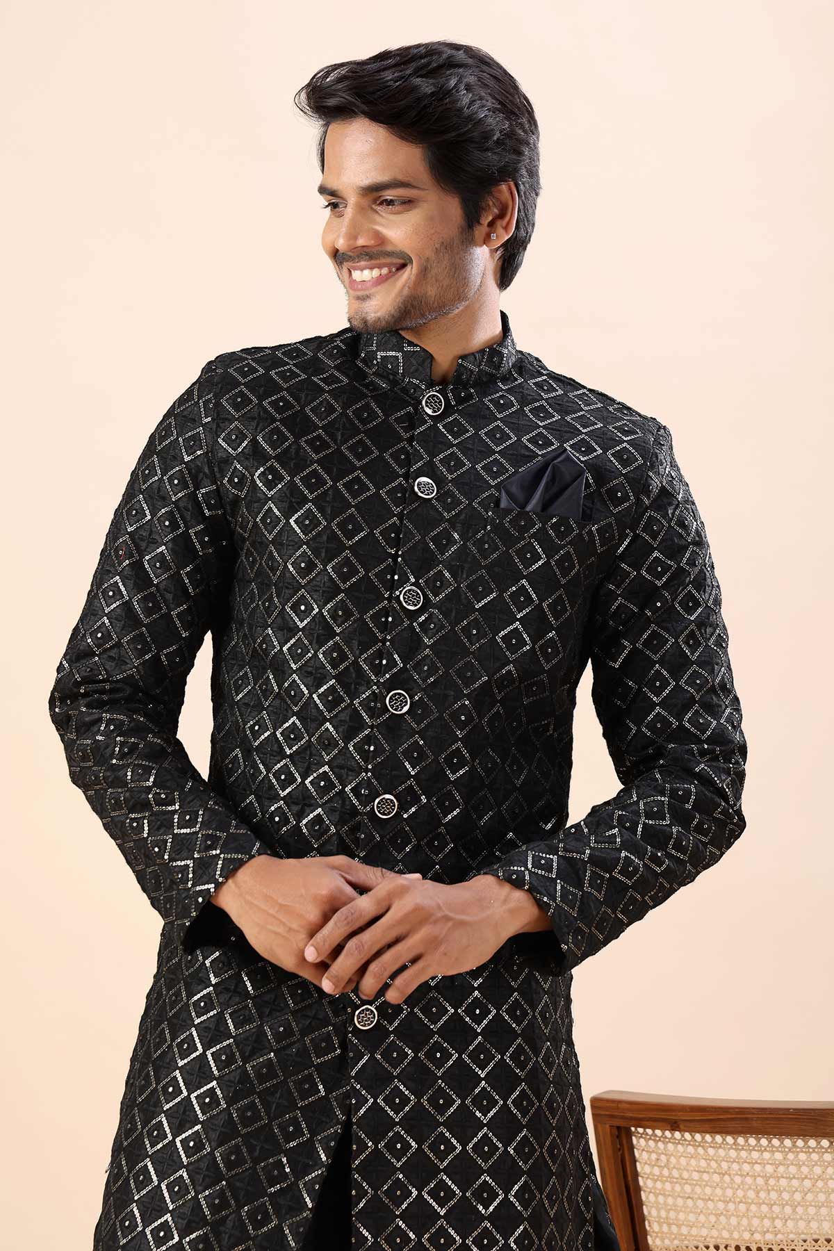 Black Cotton Silk Sherwani Set
