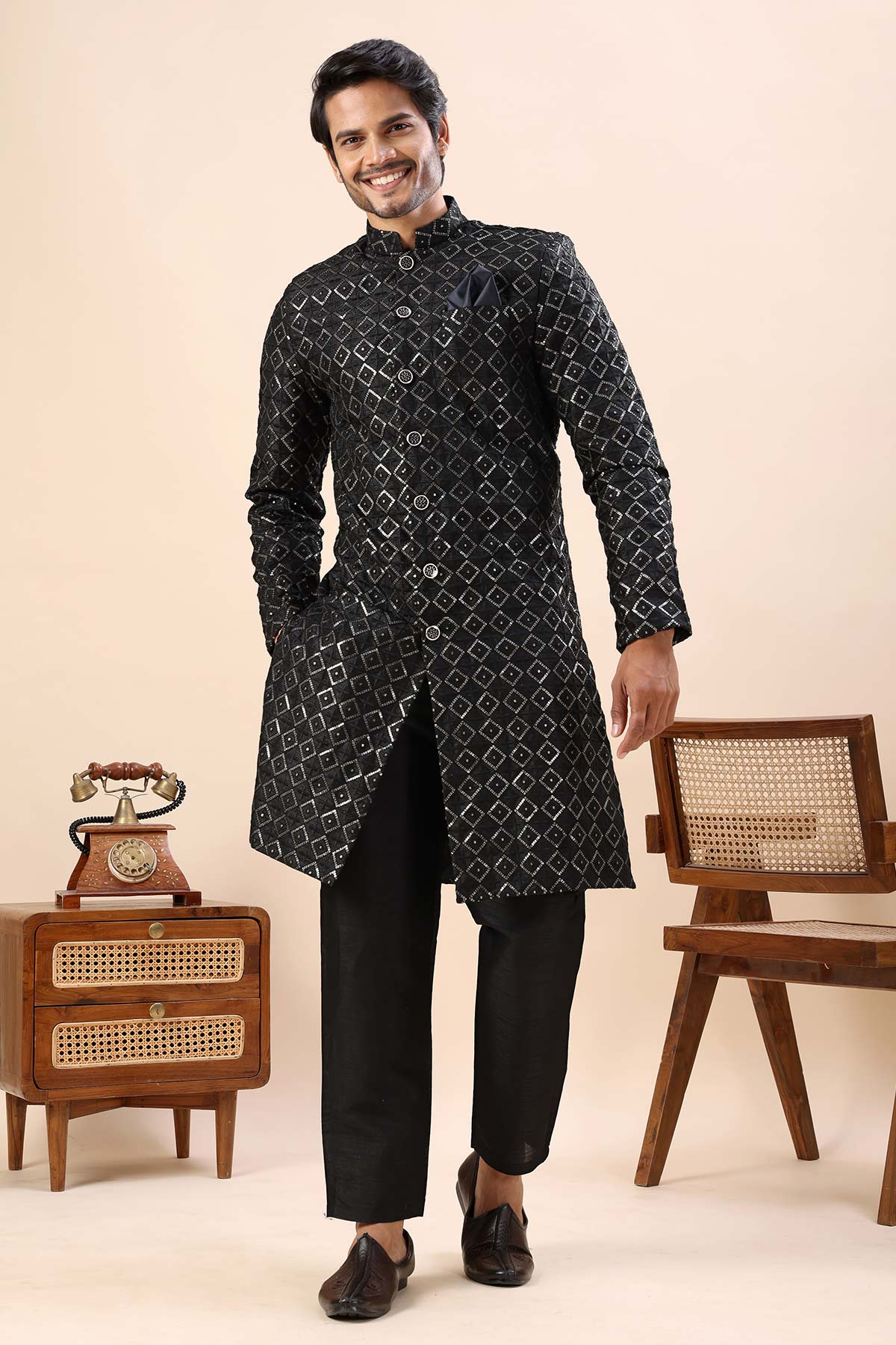 Buy Black Cotton Silk Sherwani Set for men by Aastha Fashion online available at scrollnshops