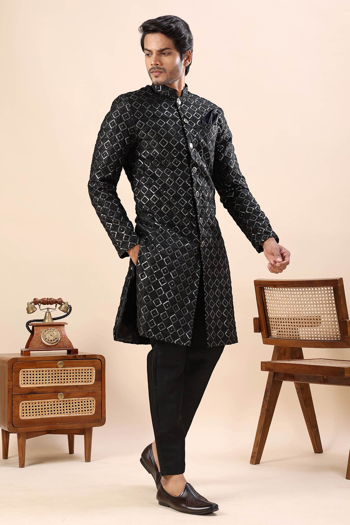 Black Cotton Silk Sherwani Set