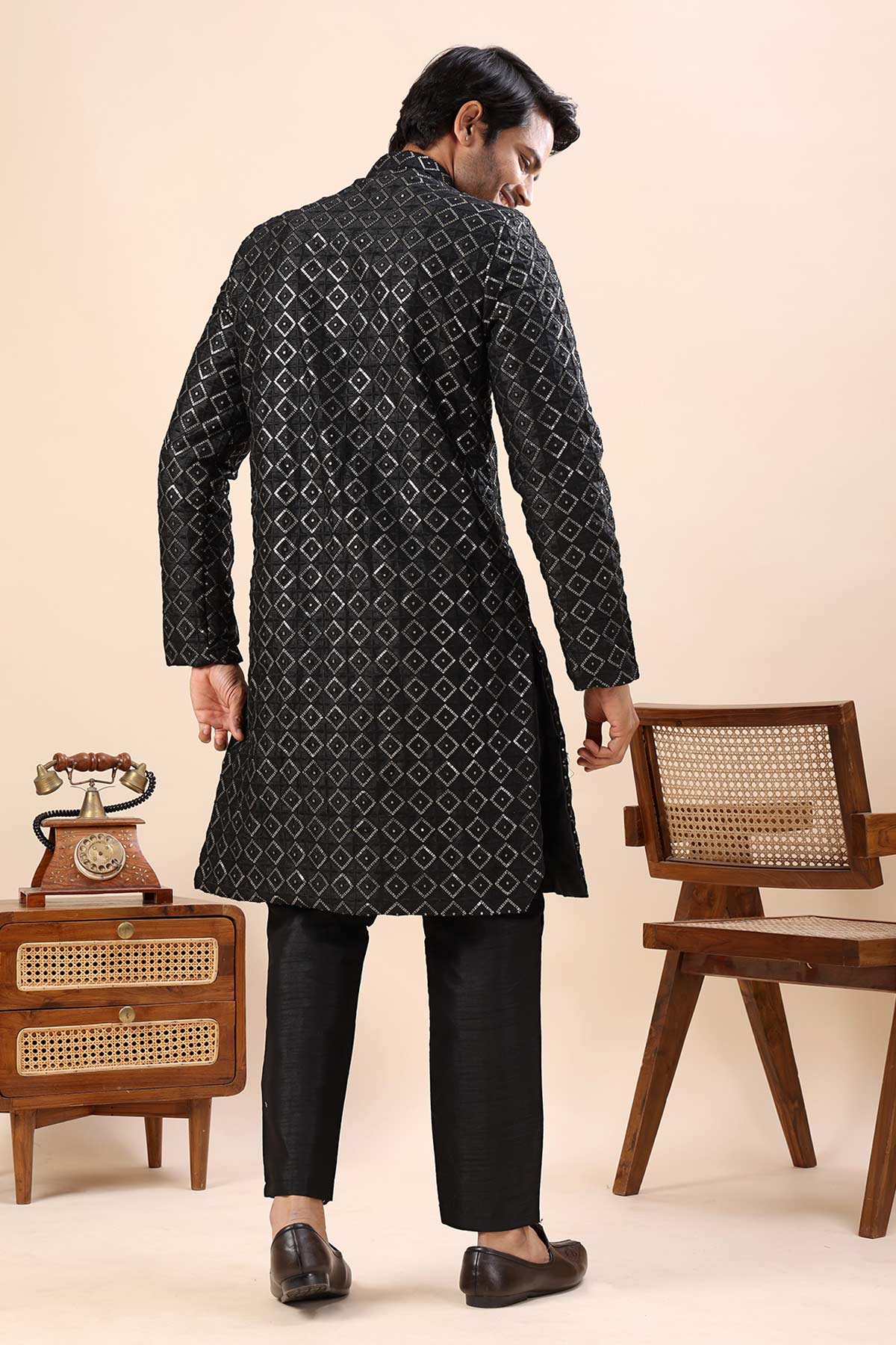 Black Cotton Silk Sherwani Set