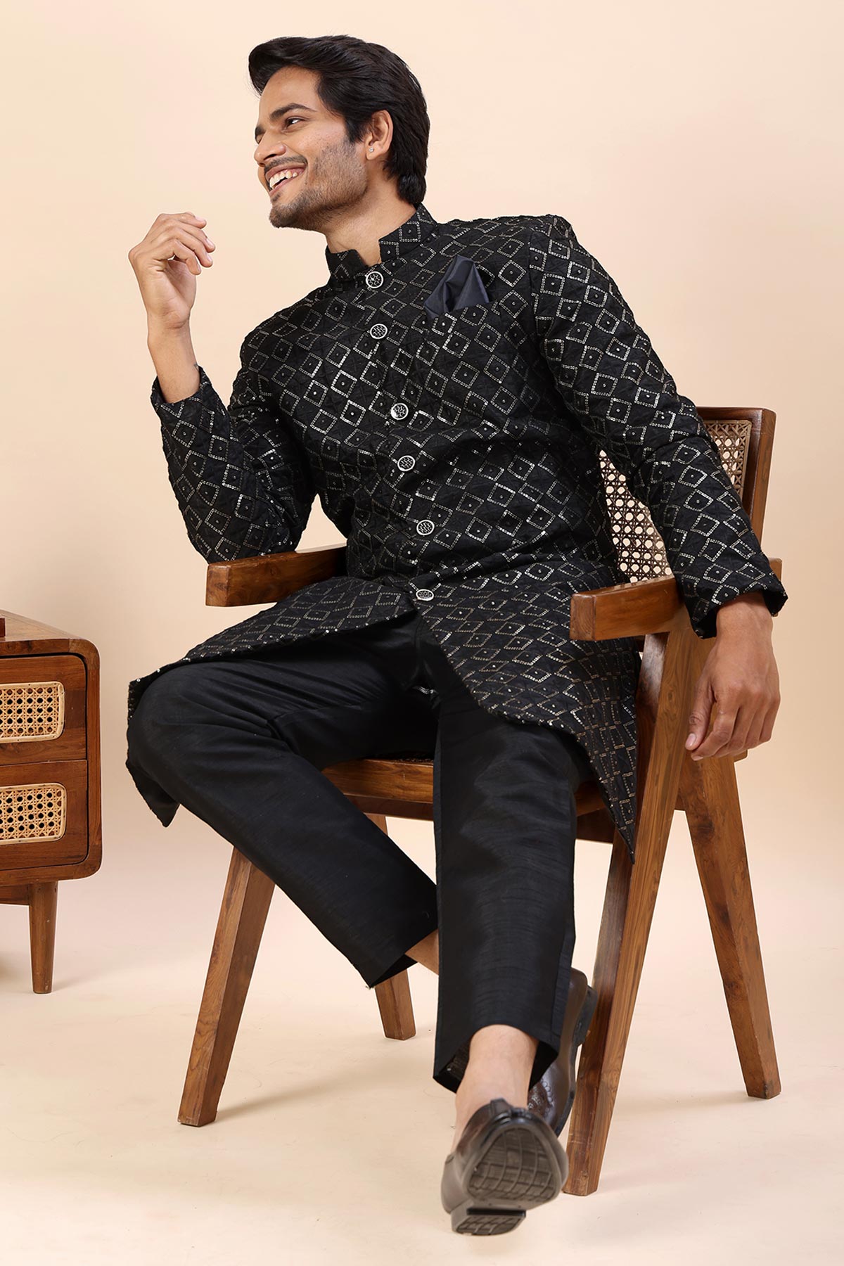 Black Cotton Silk Sherwani Set