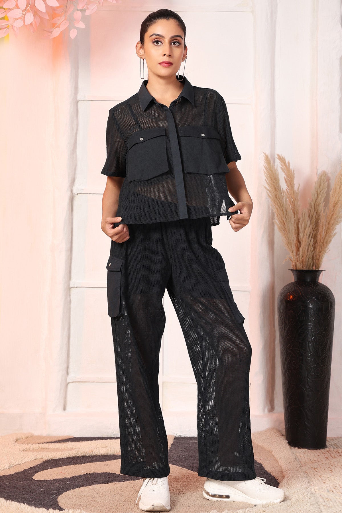 Buy Black Cotton Texture Co-ord Set for women by Styleonn online available at scrollnshops