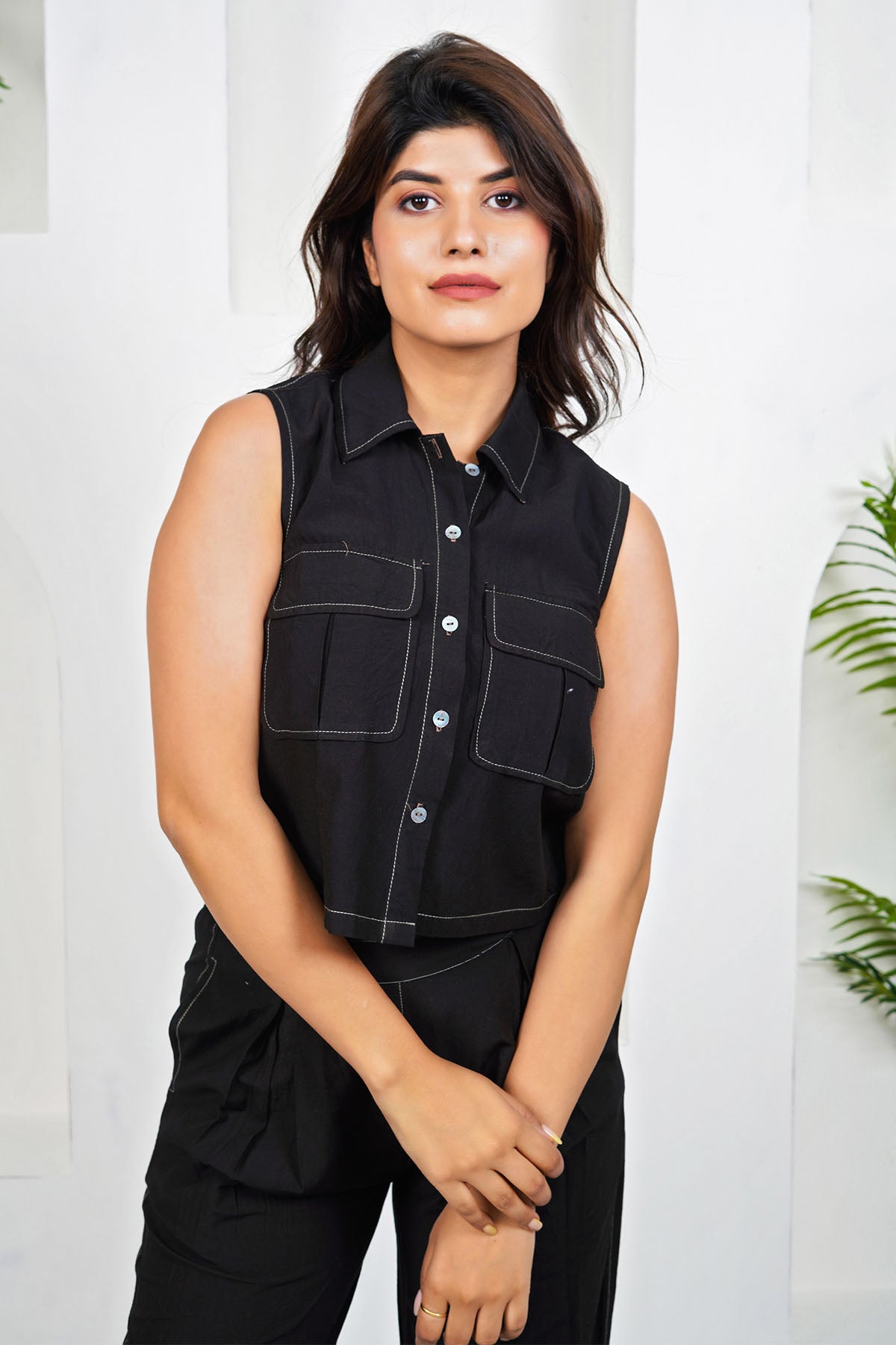 Black Cotton Thread Top & Pants