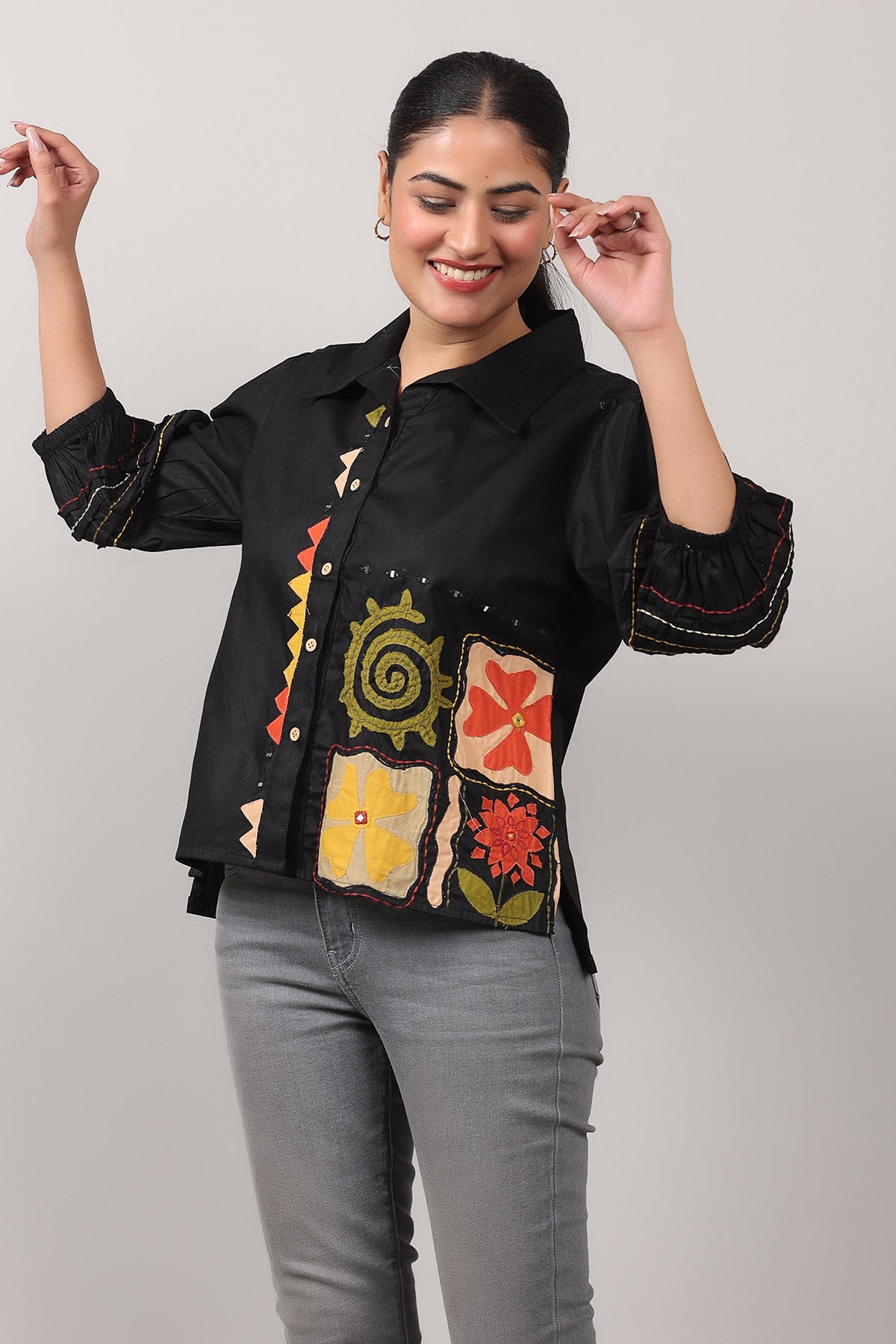 Black Cotton Thread Work Shirt