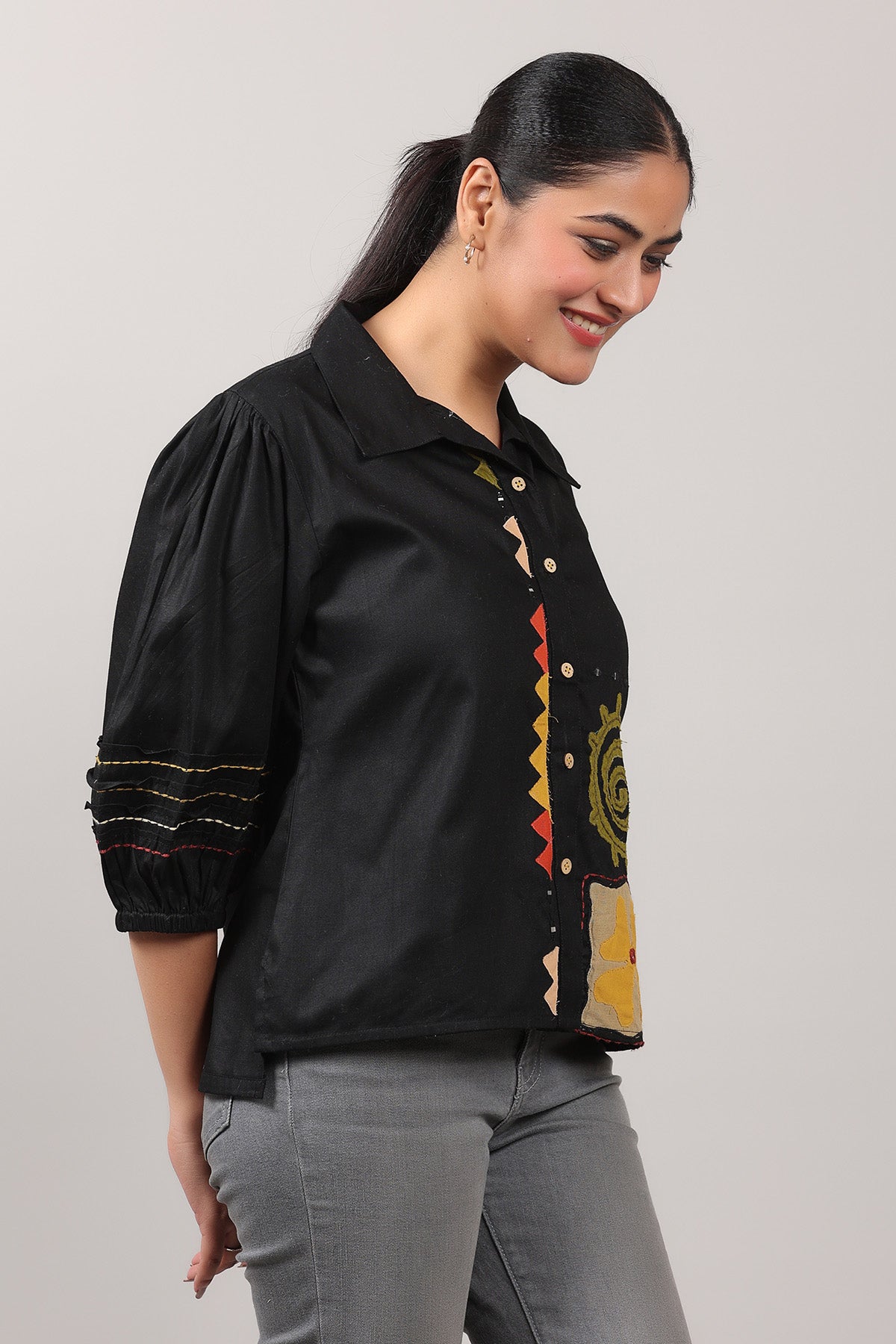 Black Cotton Thread Work Shirt