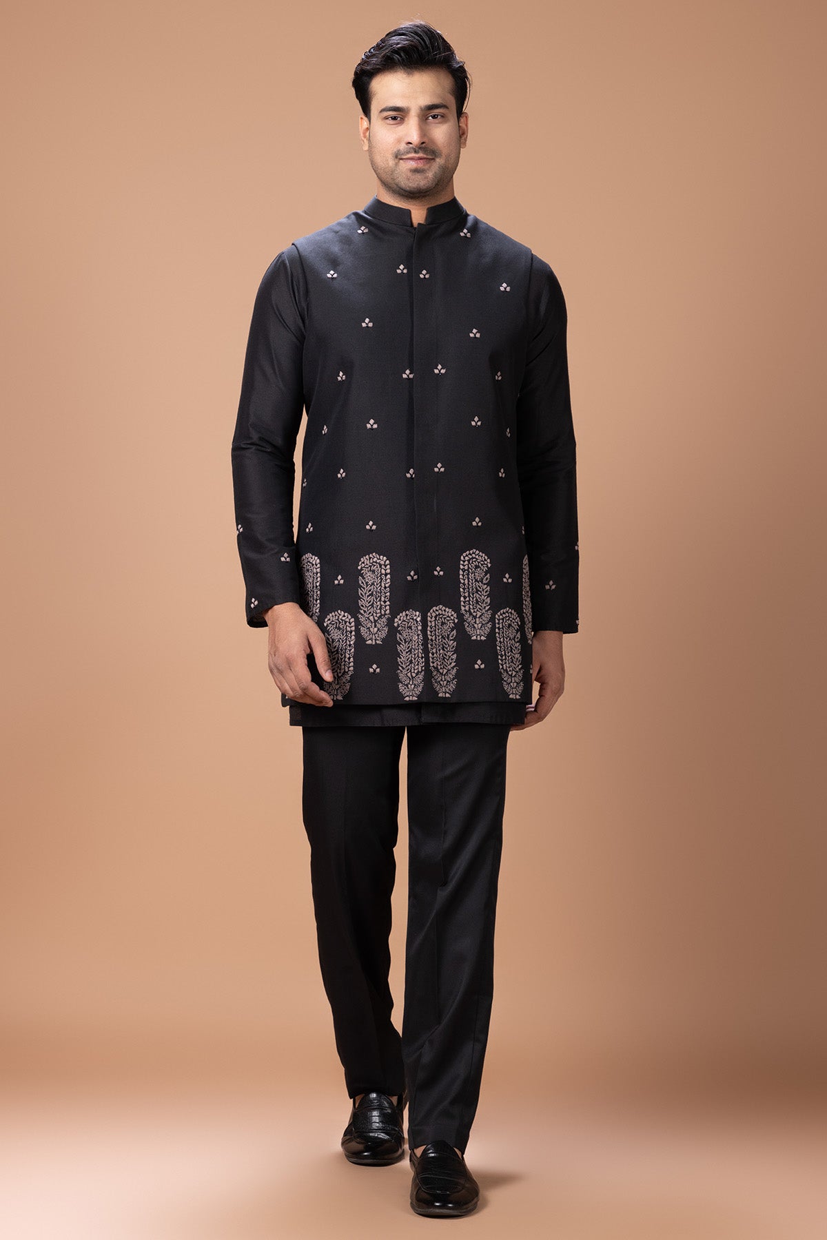 Buy Black Cotton Threaded Kurta Set for men by Priyanka Haralalka online available at scrollnshops