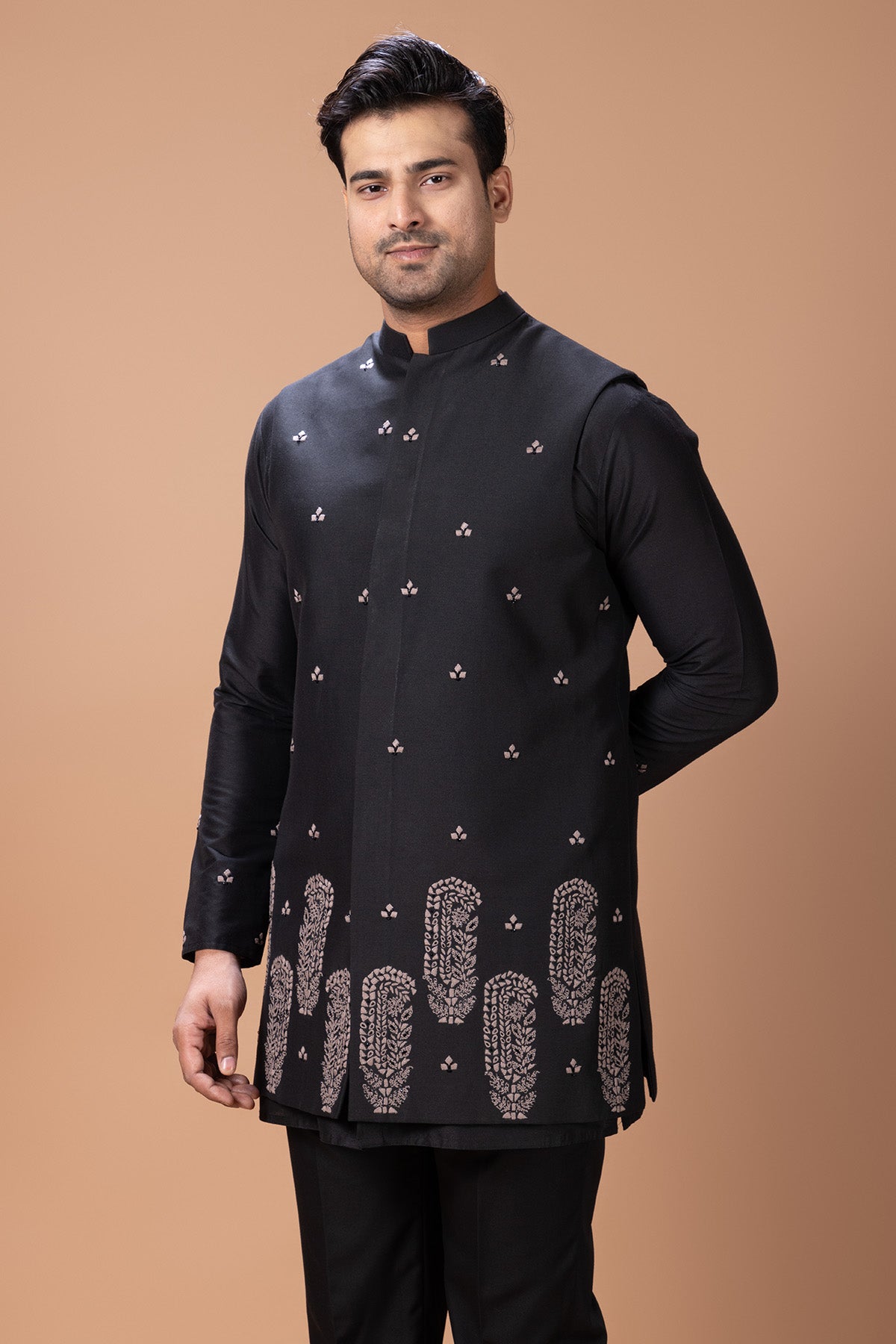 Black Cotton Threaded Kurta Set