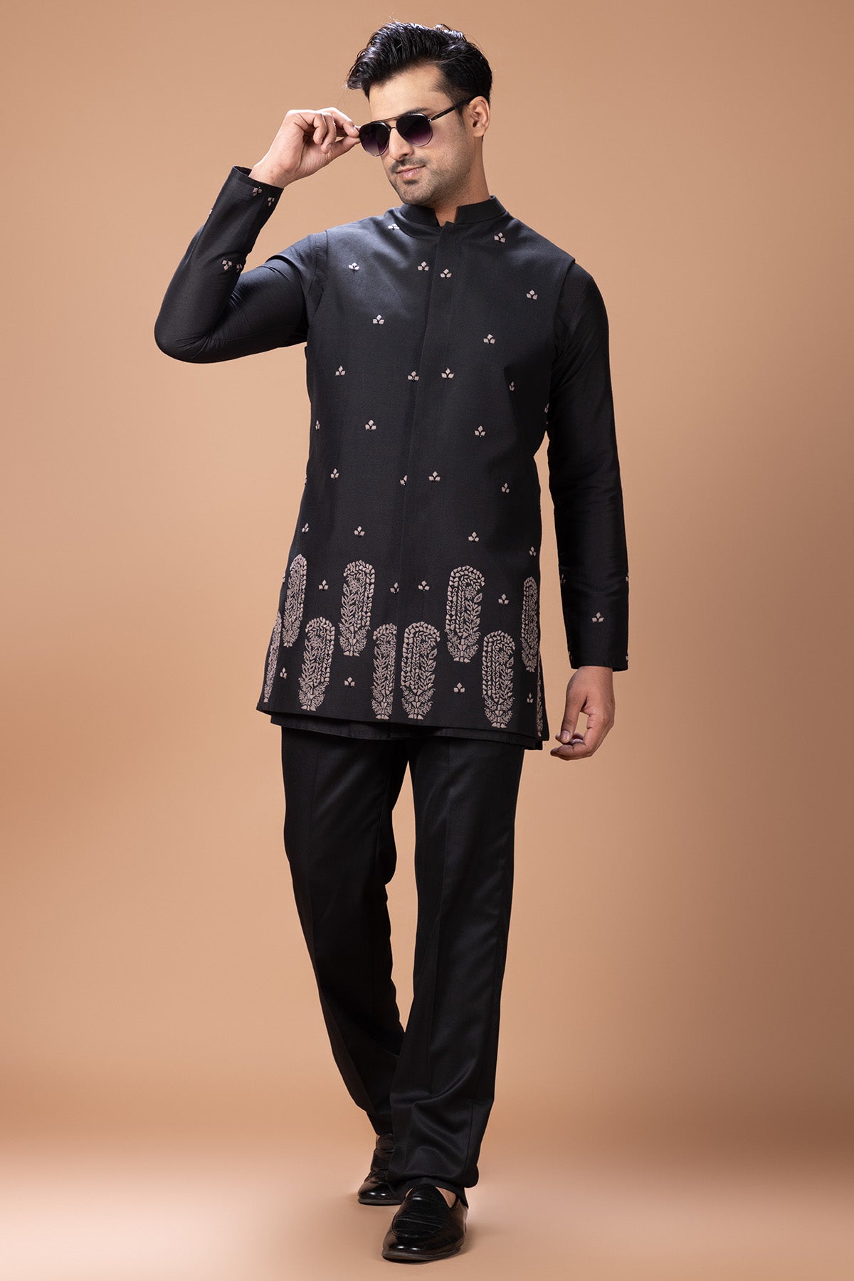 Black Cotton Threaded Kurta Set