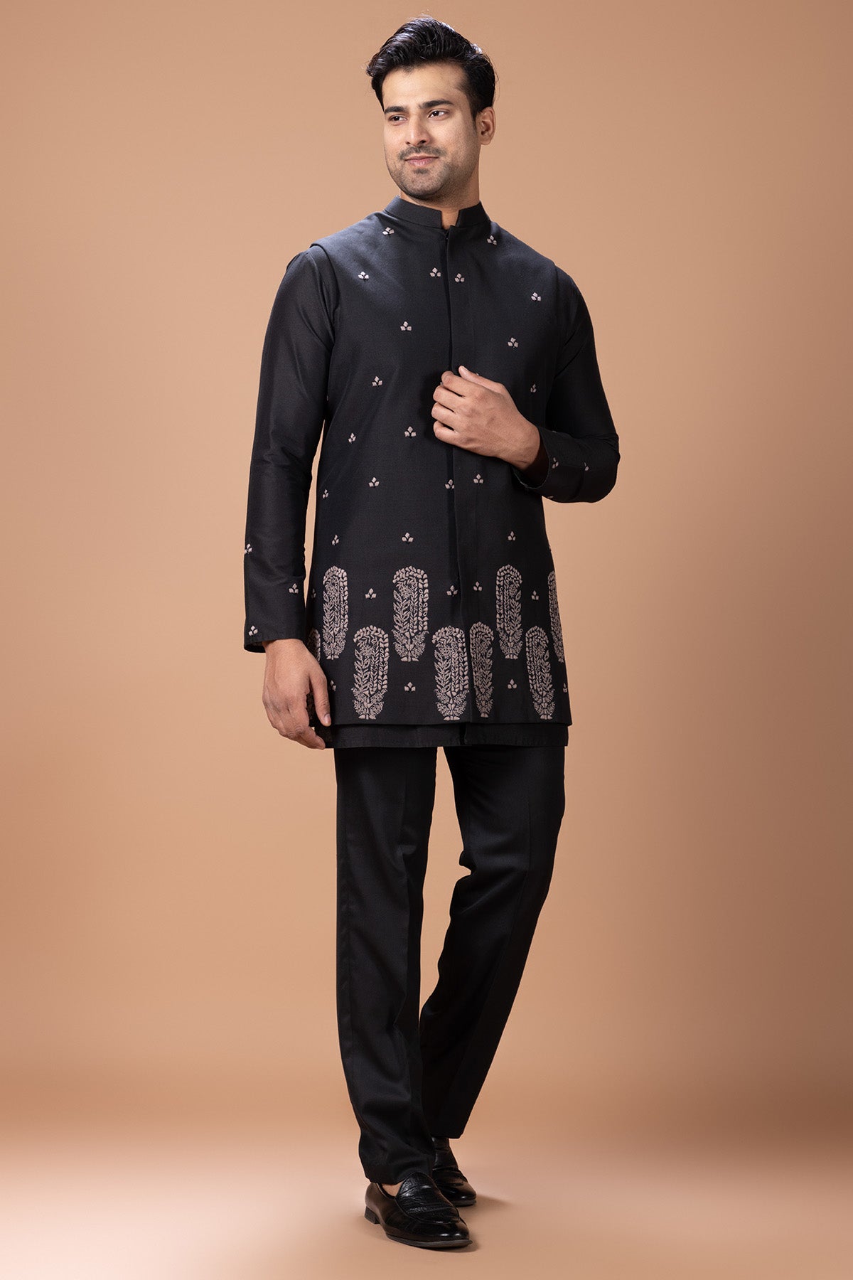 Black Cotton Threaded Kurta Set