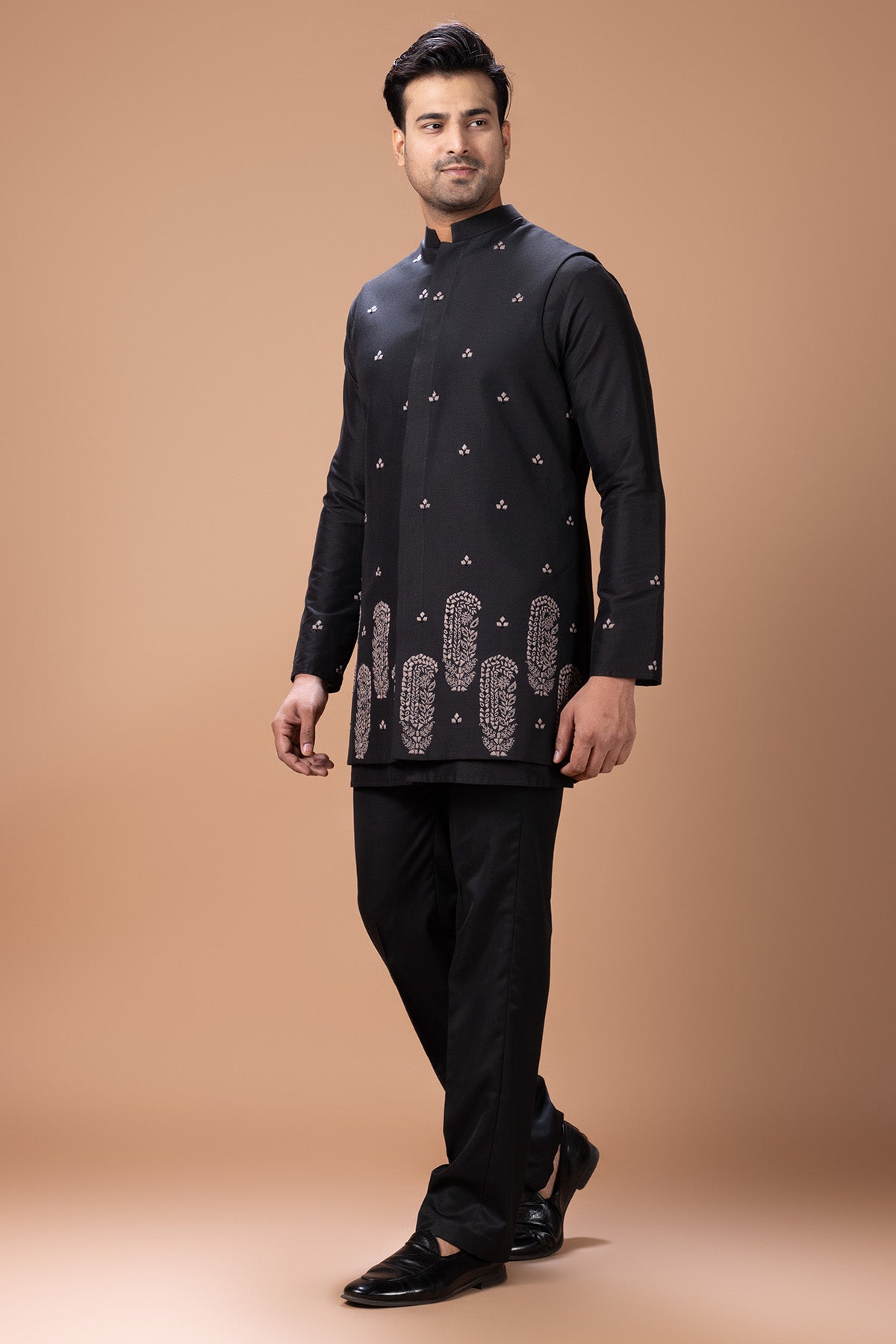 Black Cotton Threaded Kurta Set