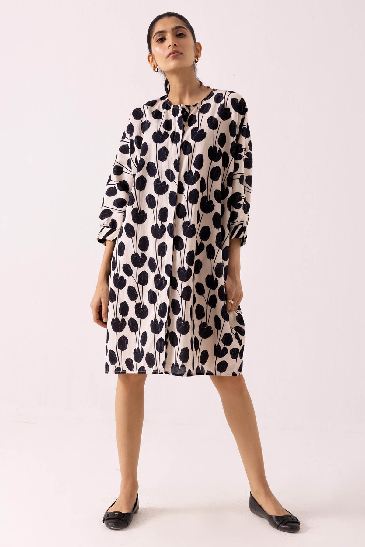 Buy Designer Black Cotton Tulip Print Dress Online at ScrollnShops