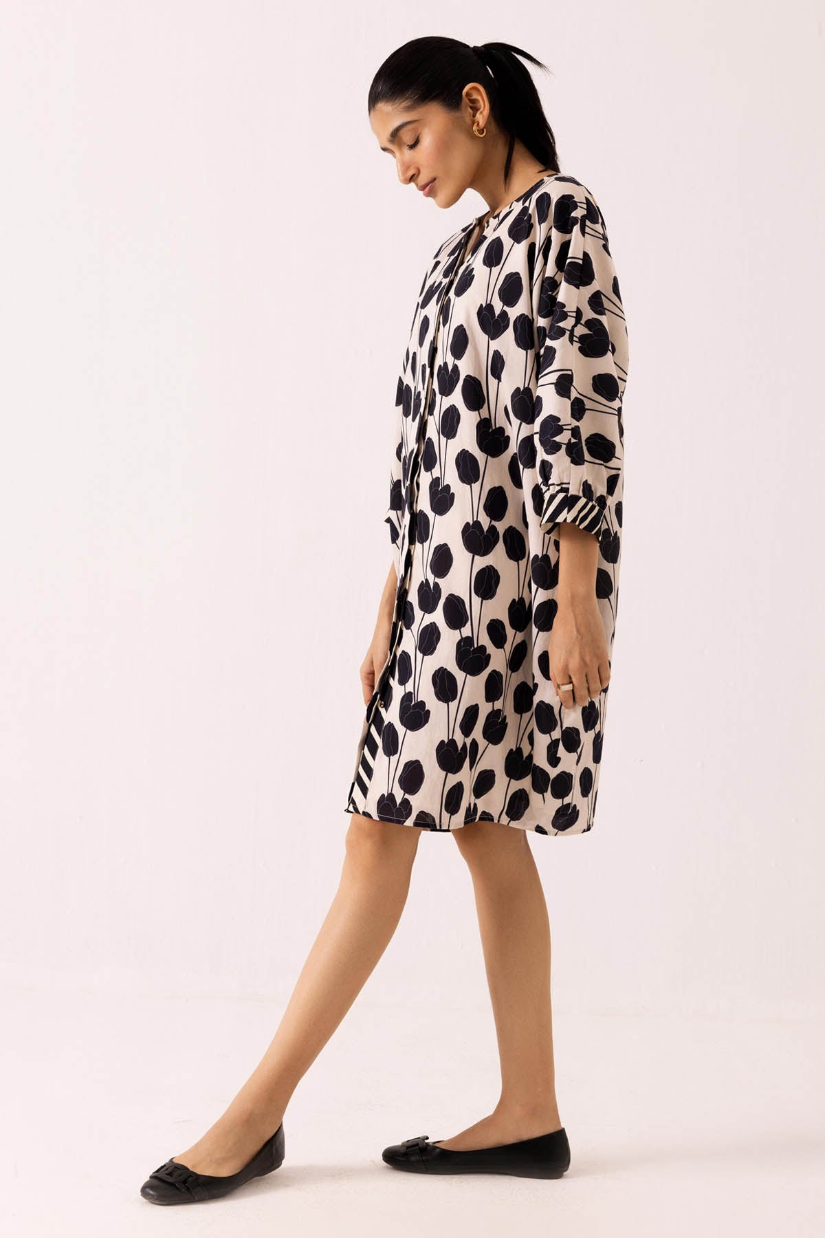 Black Cotton Tulip Print Dress