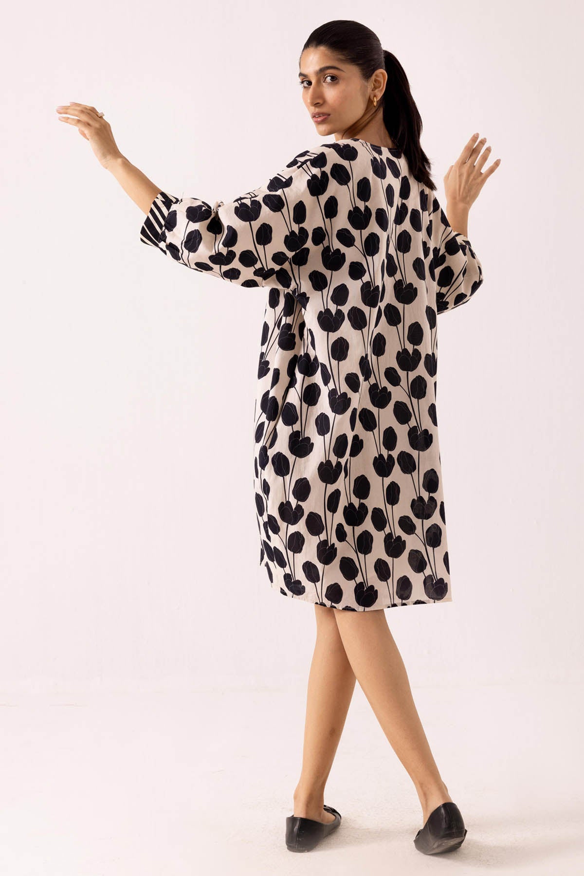 Black Cotton Tulip Print Dress
