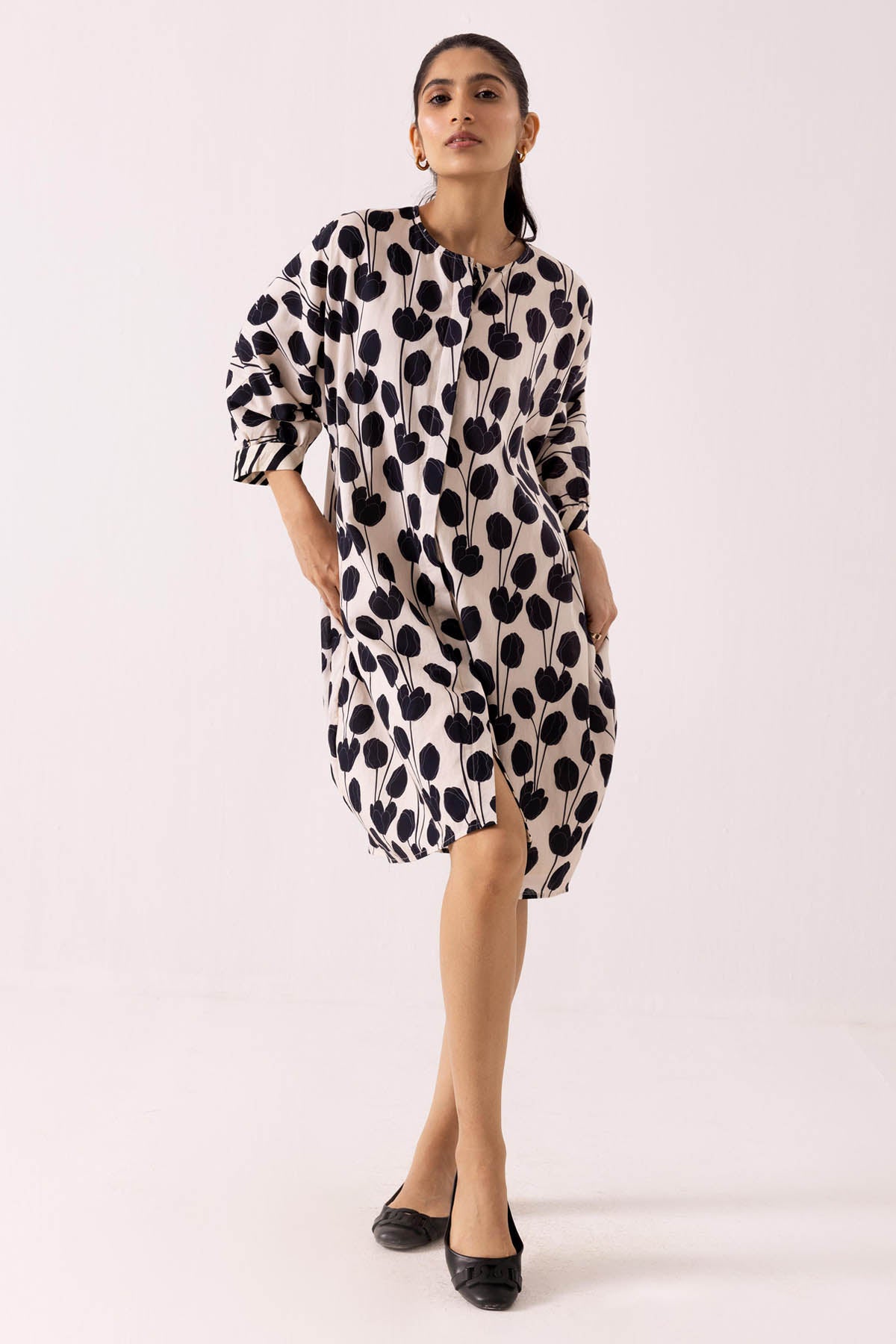 Black Cotton Tulip Print Dress