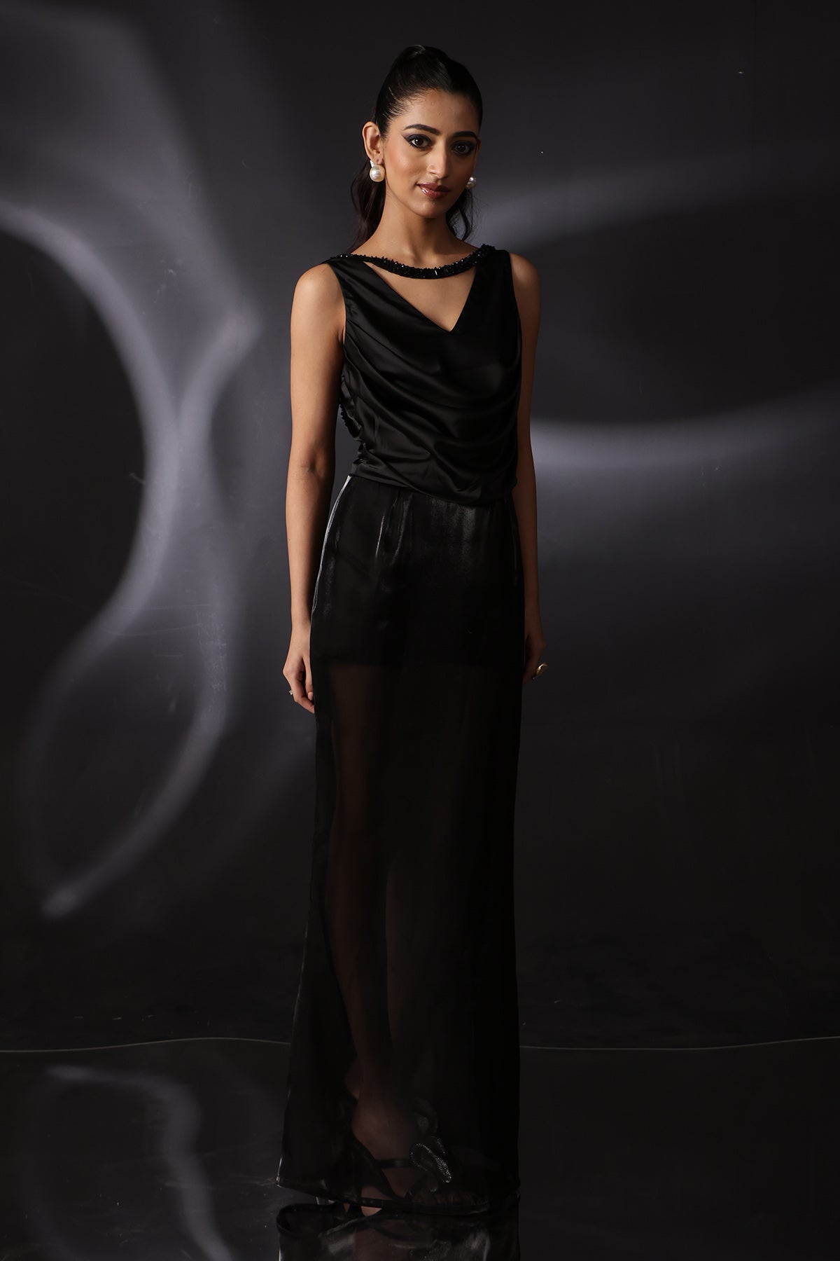 Black Cowl Neck Overlay Dress