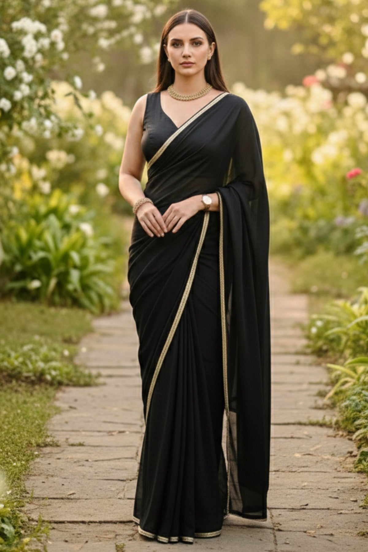 Buy Black Crepe Silk Saree & Blouse for women by Taro online available at scrollnshops