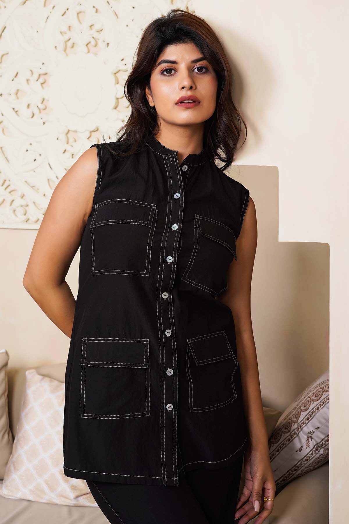 Imrie Black Crop Sleeveless Shirt for women online at ScrollnShops