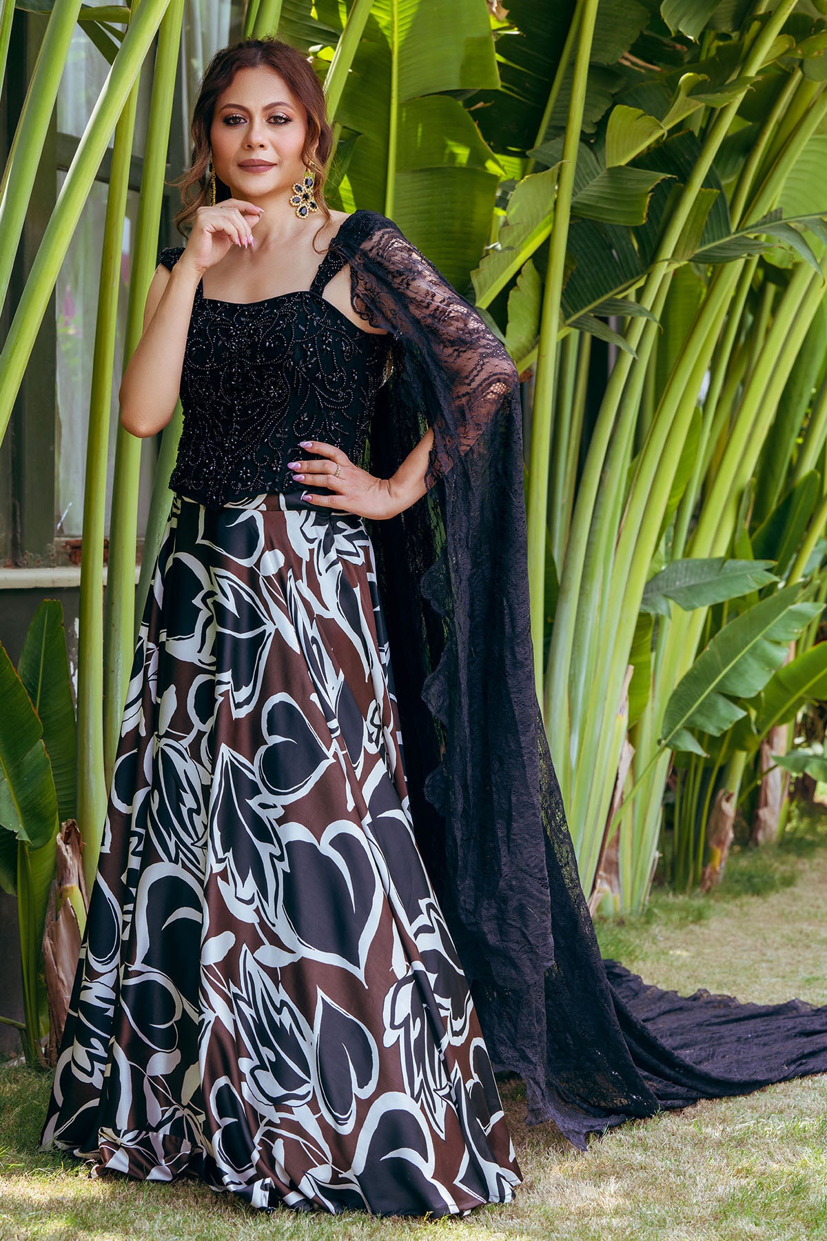 Black Crystal Print Lehenga Set