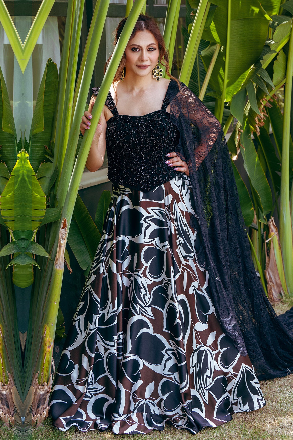 Black Crystal Print Lehenga Set
