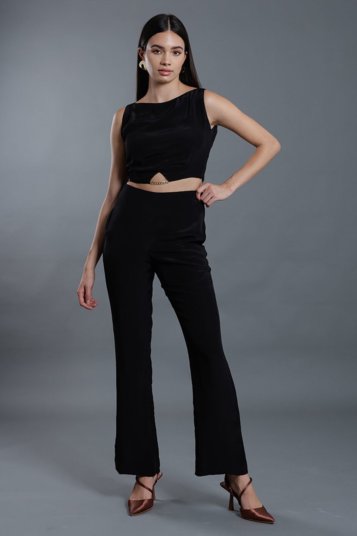 Vanten Black Cut-out Crop Top & Pants for women online at ScrollnShops