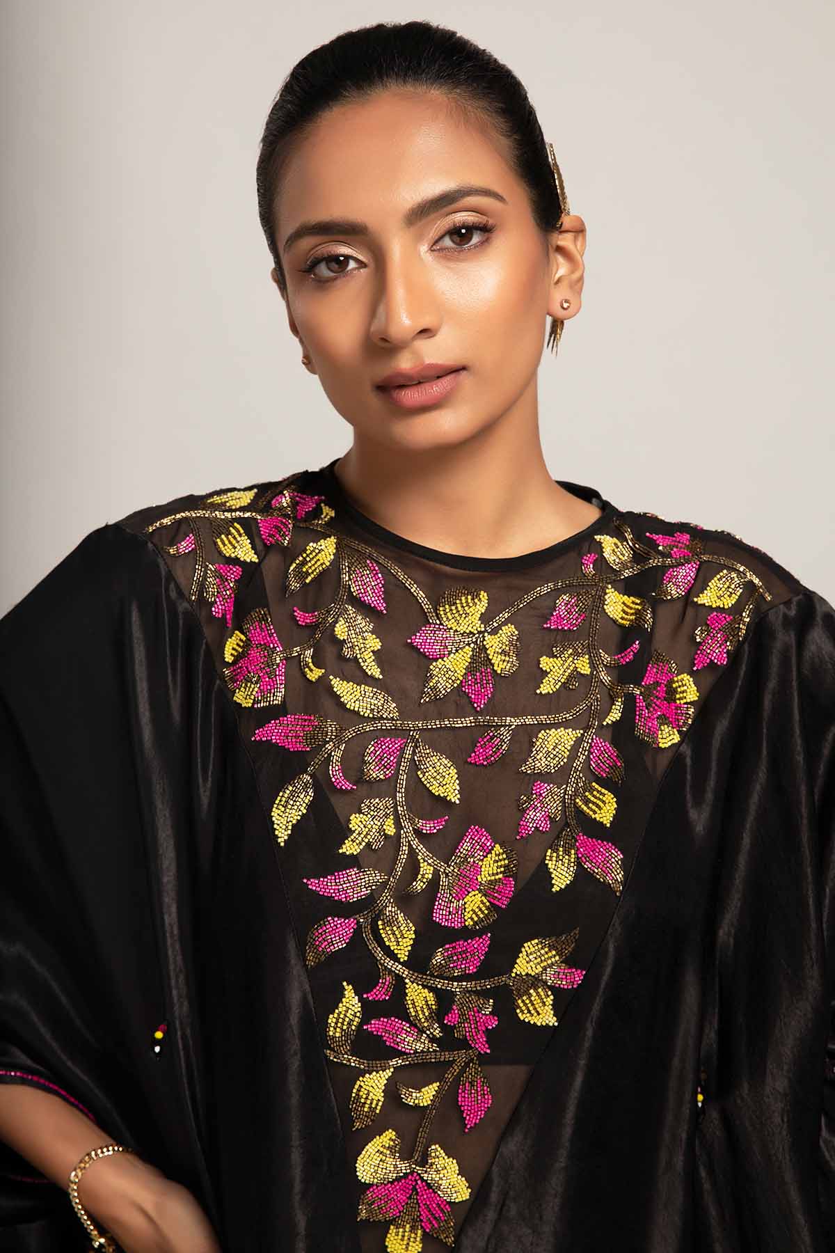 Black Cutdana Embellished Kaftan