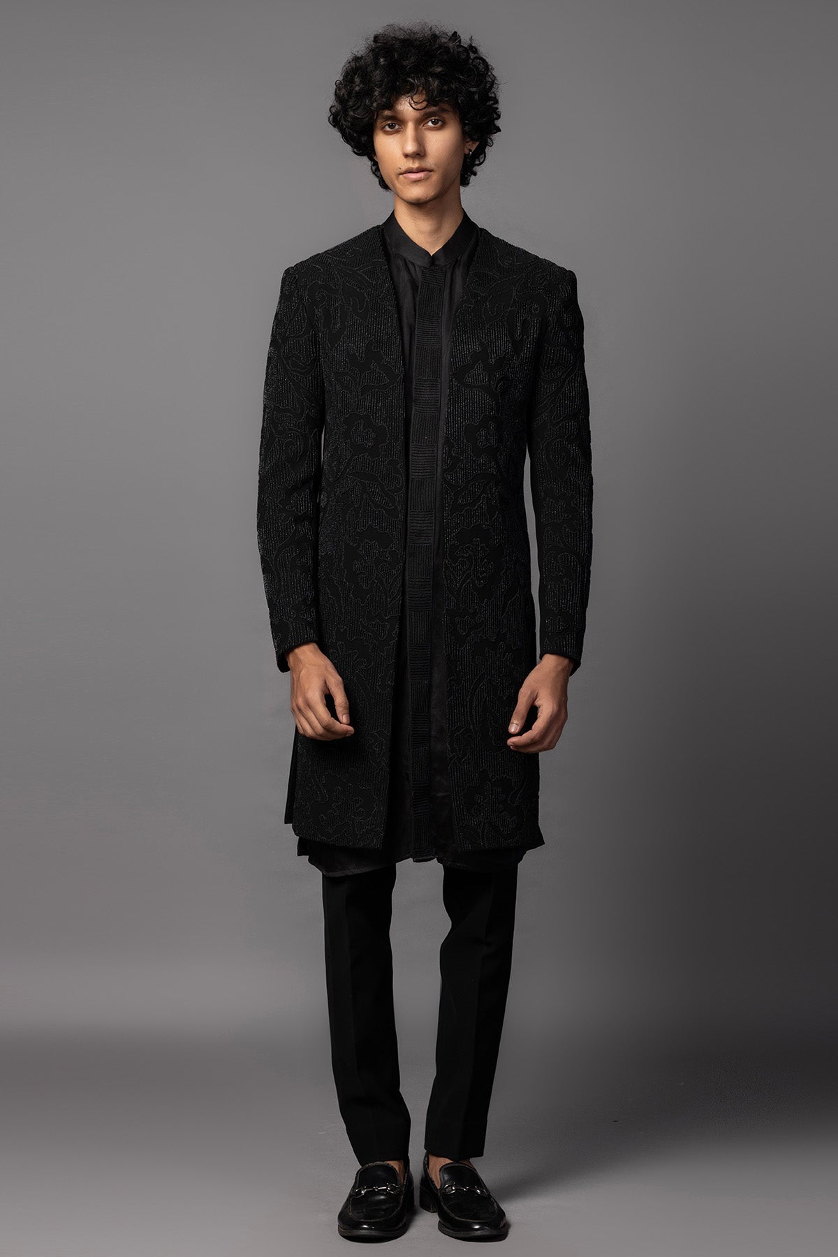 Black Cutdana Work Achkan Set