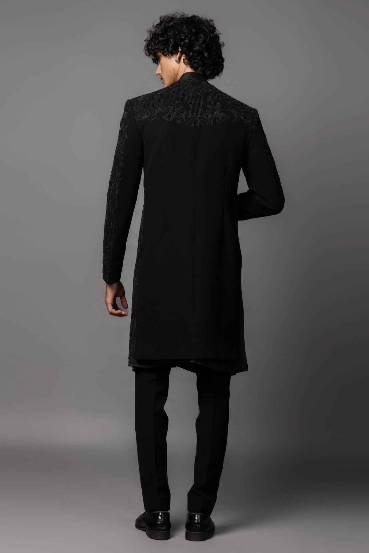 Black Cutdana Work Achkan Set